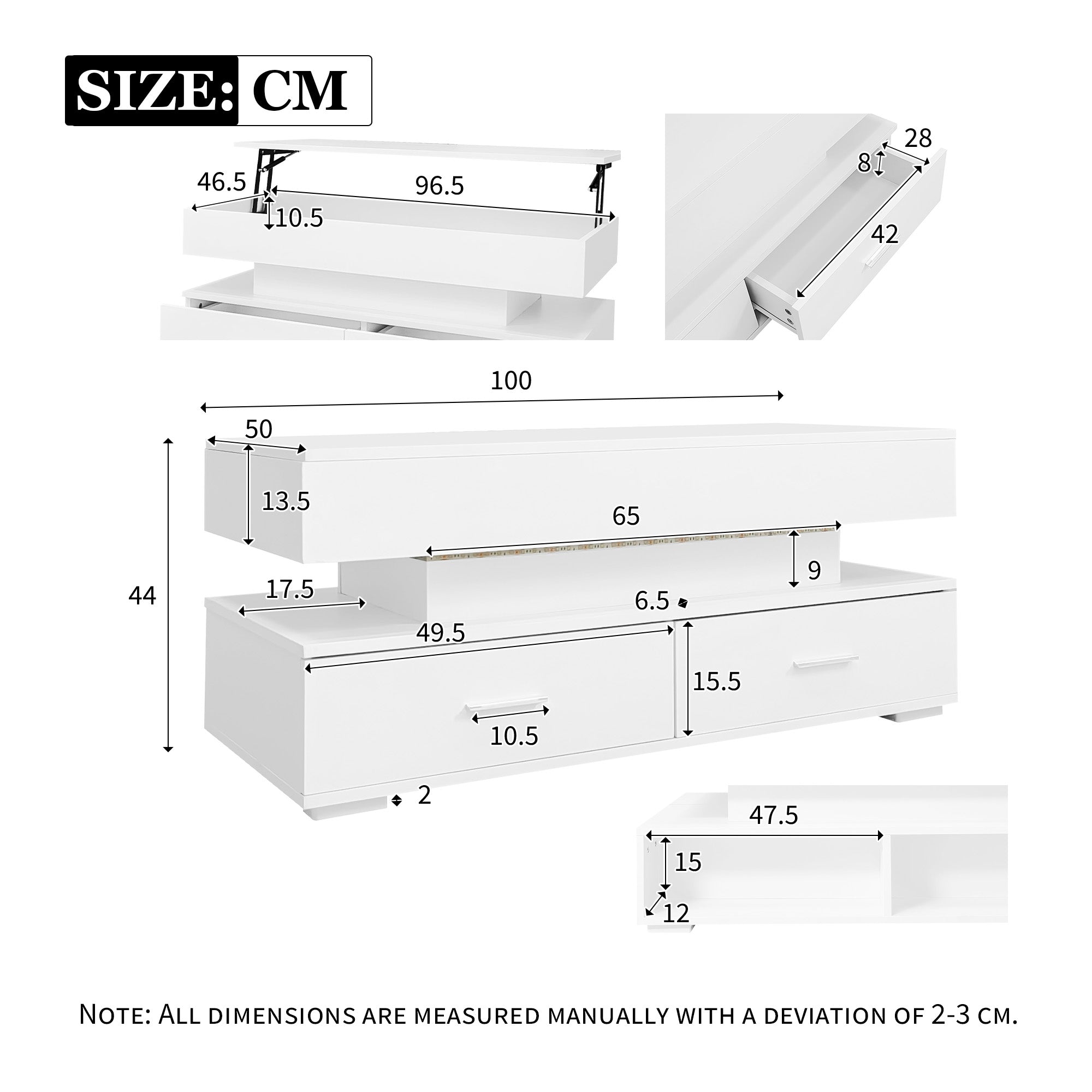 Logidon Hydraulisch in hoogte verstelbare salontafel 100x50x44 cm Wit LED