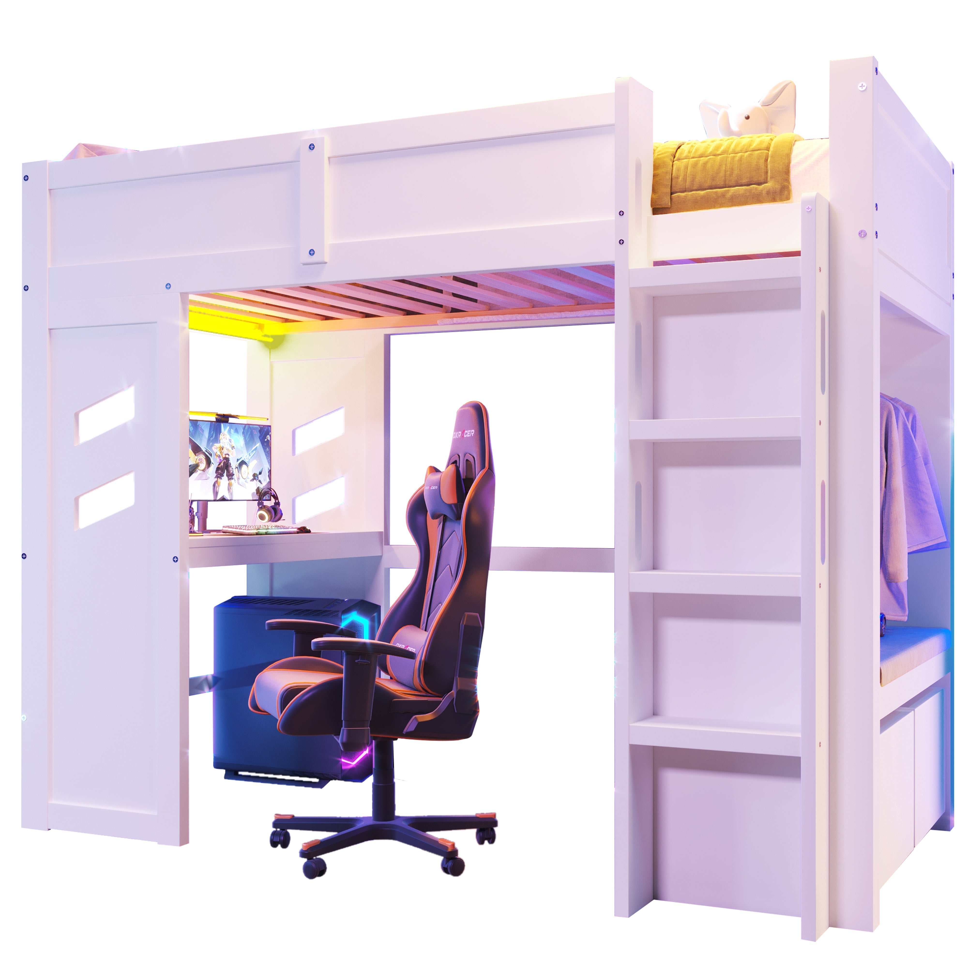 Logidon hoogslaper 90x200cm gamingbed met bureau USB Type C wit
