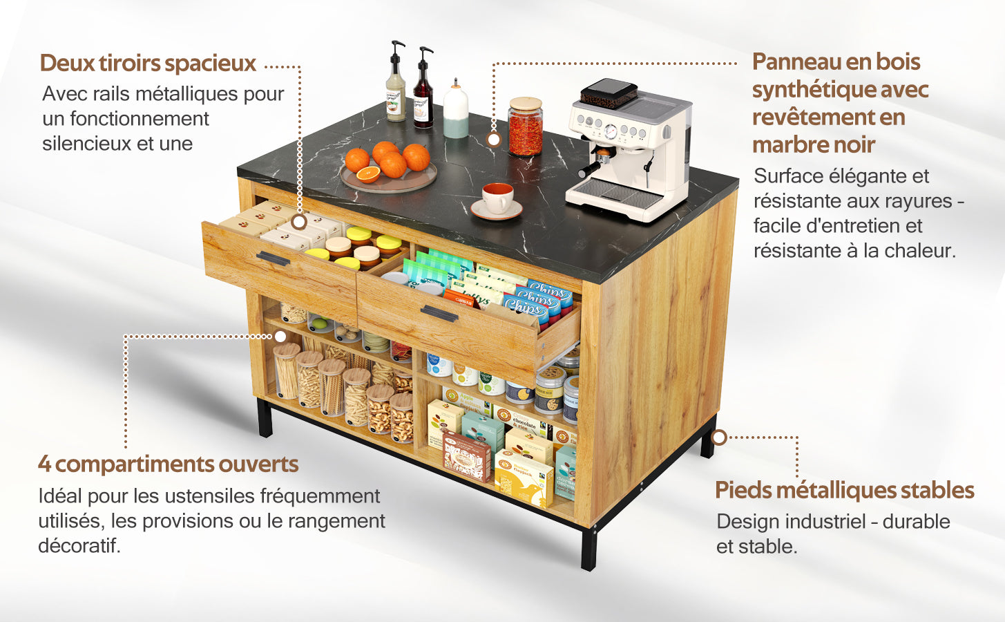 Logidon kitchen island country house style 120x75x90 cm with 2 drawers and 4 shelves
