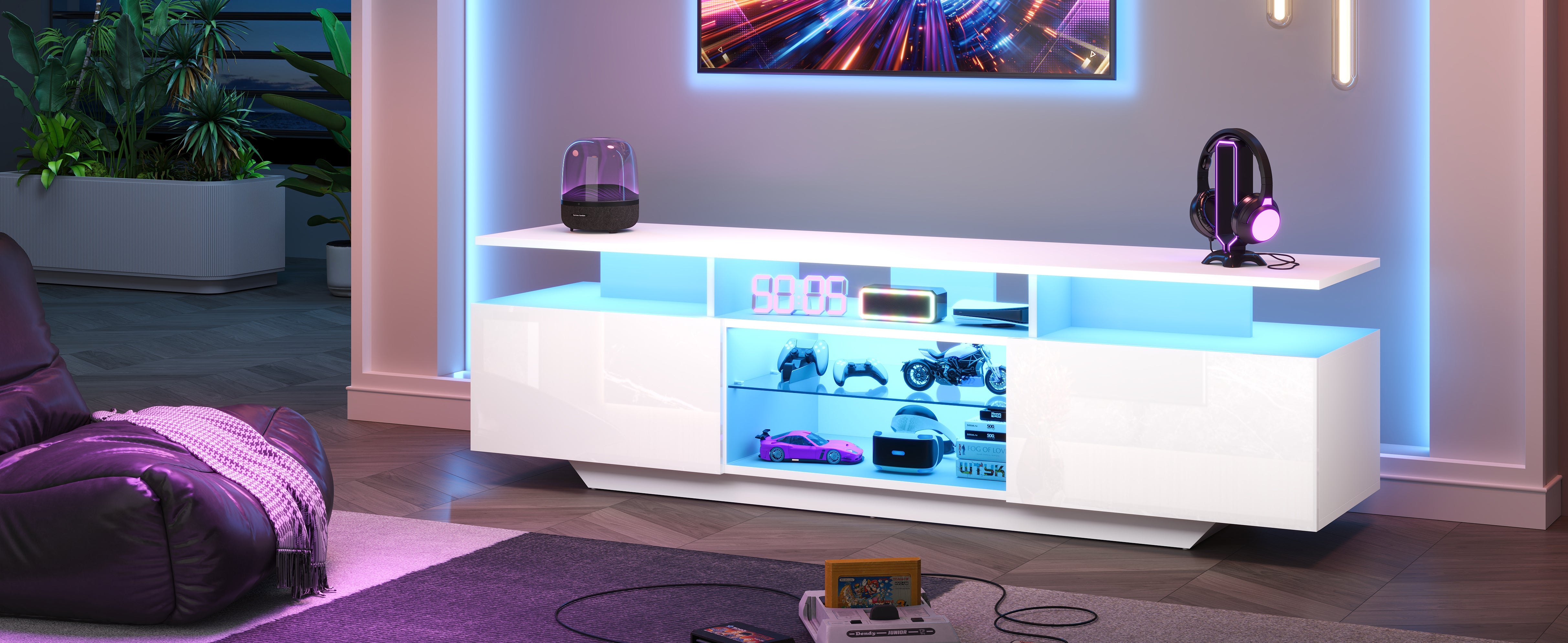 Logidon TV-meubel hoogglans wit 160 x 40 x 45 cm met LED lichtstrip glasplanken