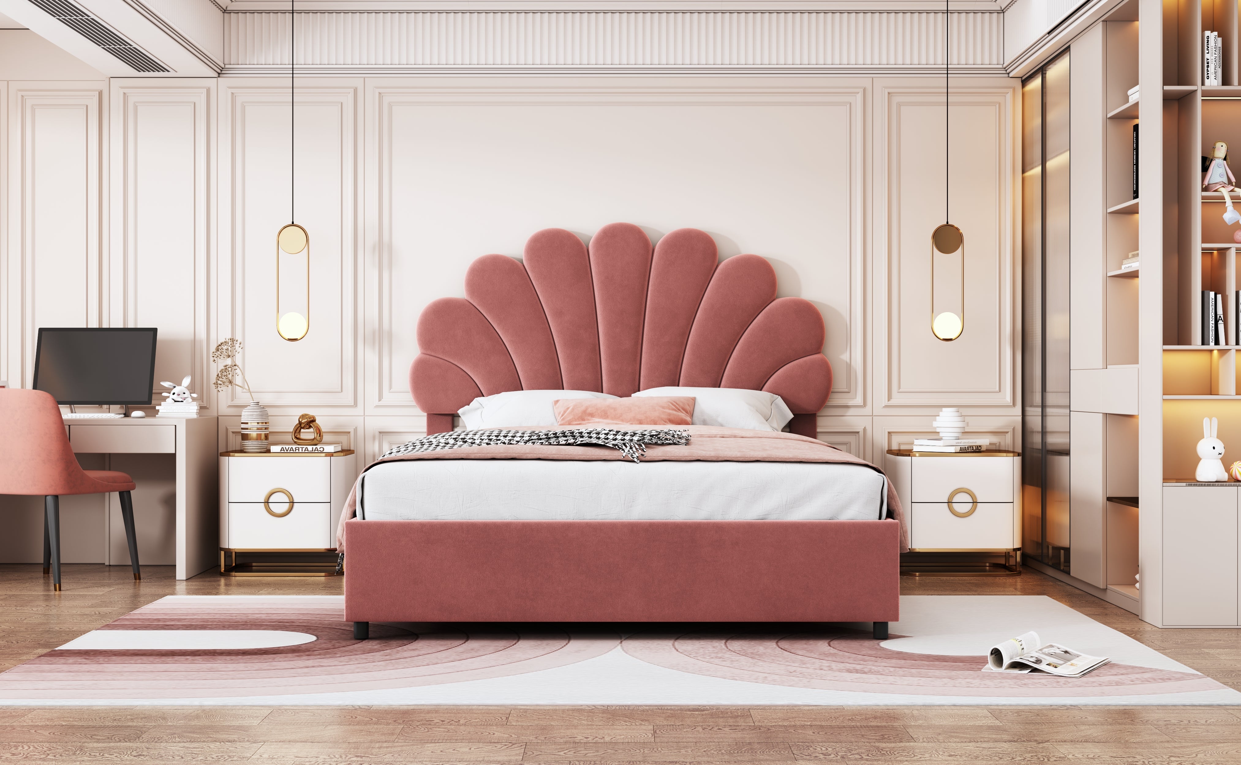 Logidon upholstered bed 140x200 pink with floral headboard and storage space