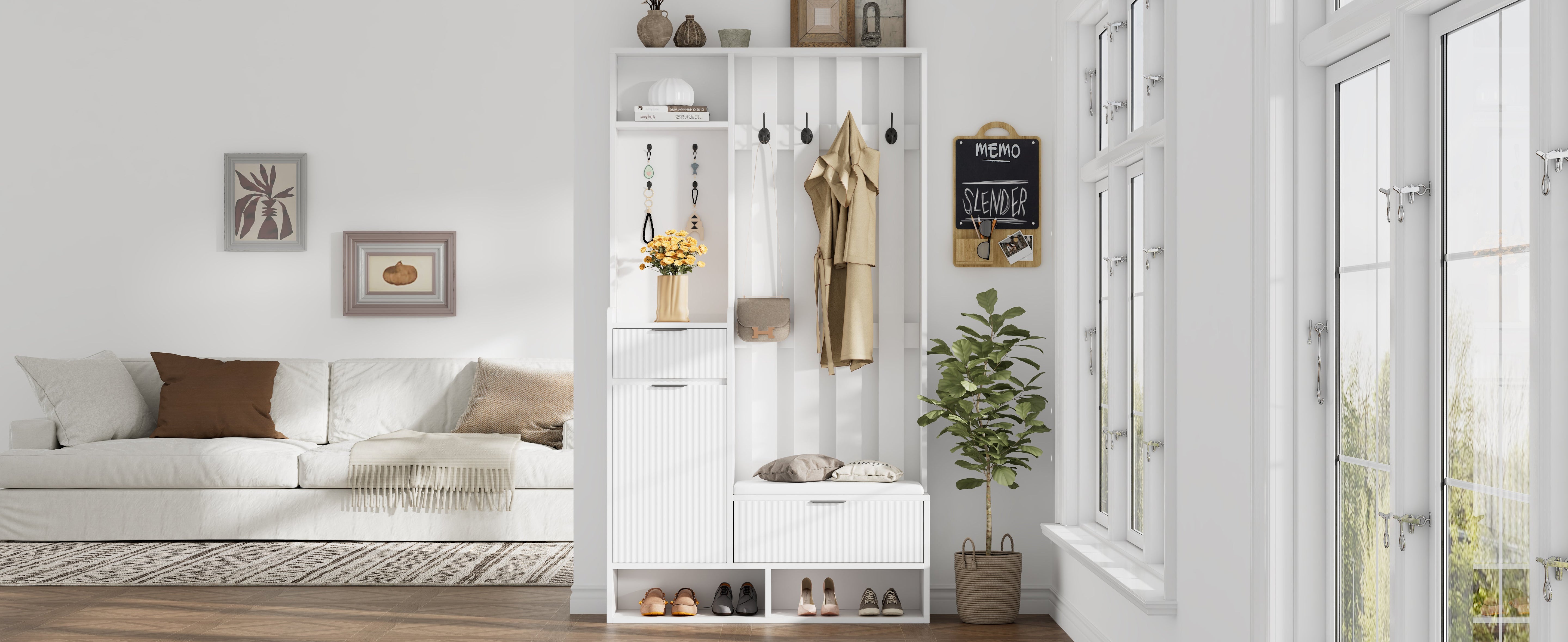 Logidon Kledingkast 6in1 Wit 100x30x180 cm Schoenenbankopberger