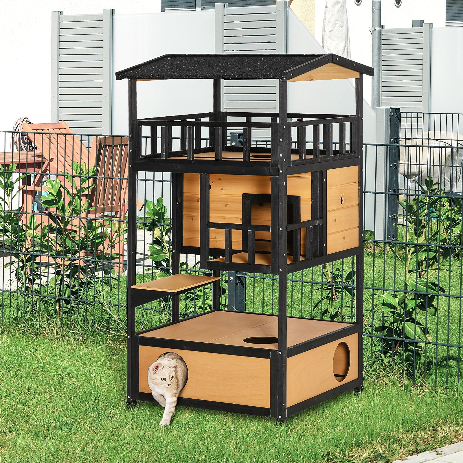 Logidon kattenhuis van dennenhout geel 75,5x75x137 cm 4 niveaus, trappen