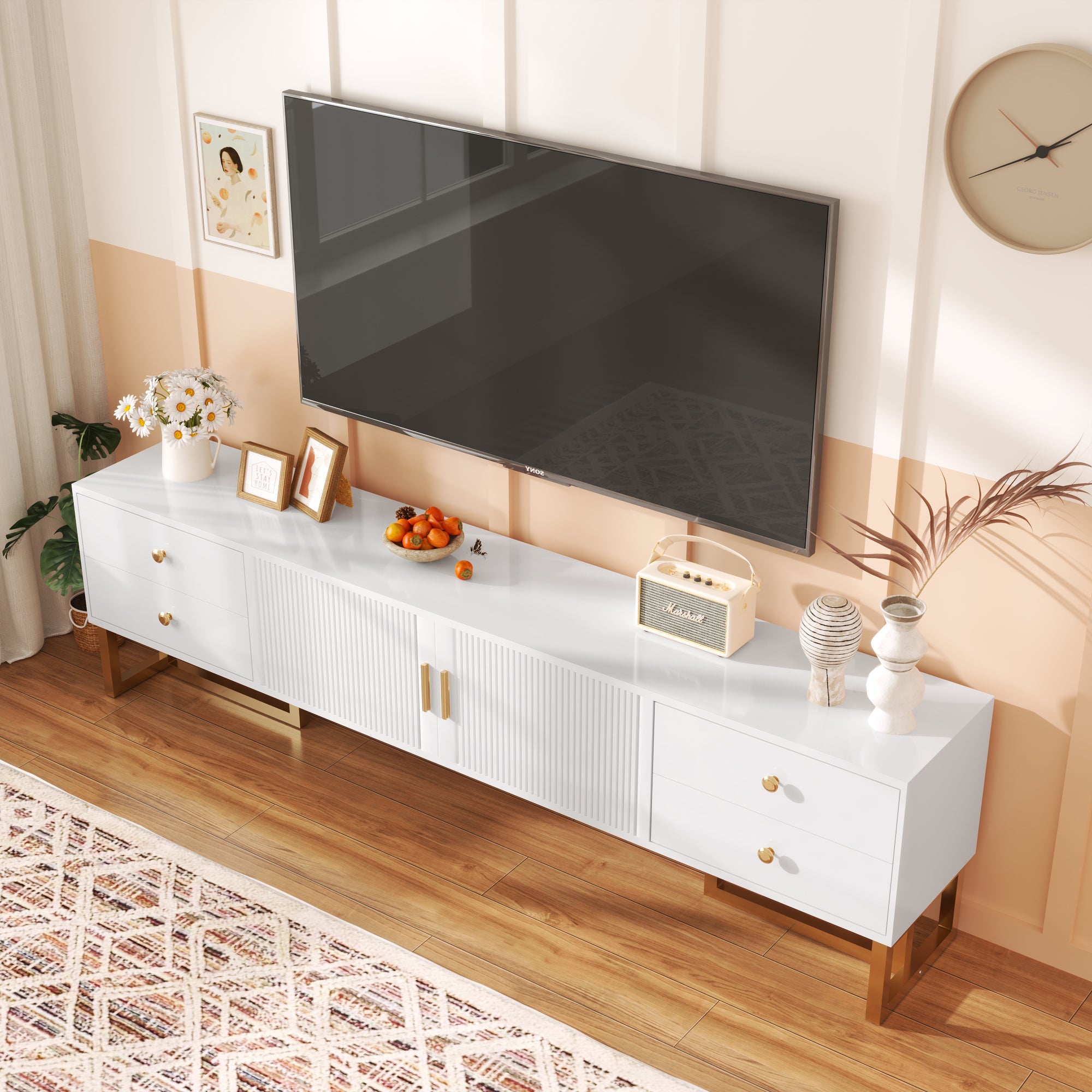 Logidon TV cabinet white with gold handles and feet 175 cm