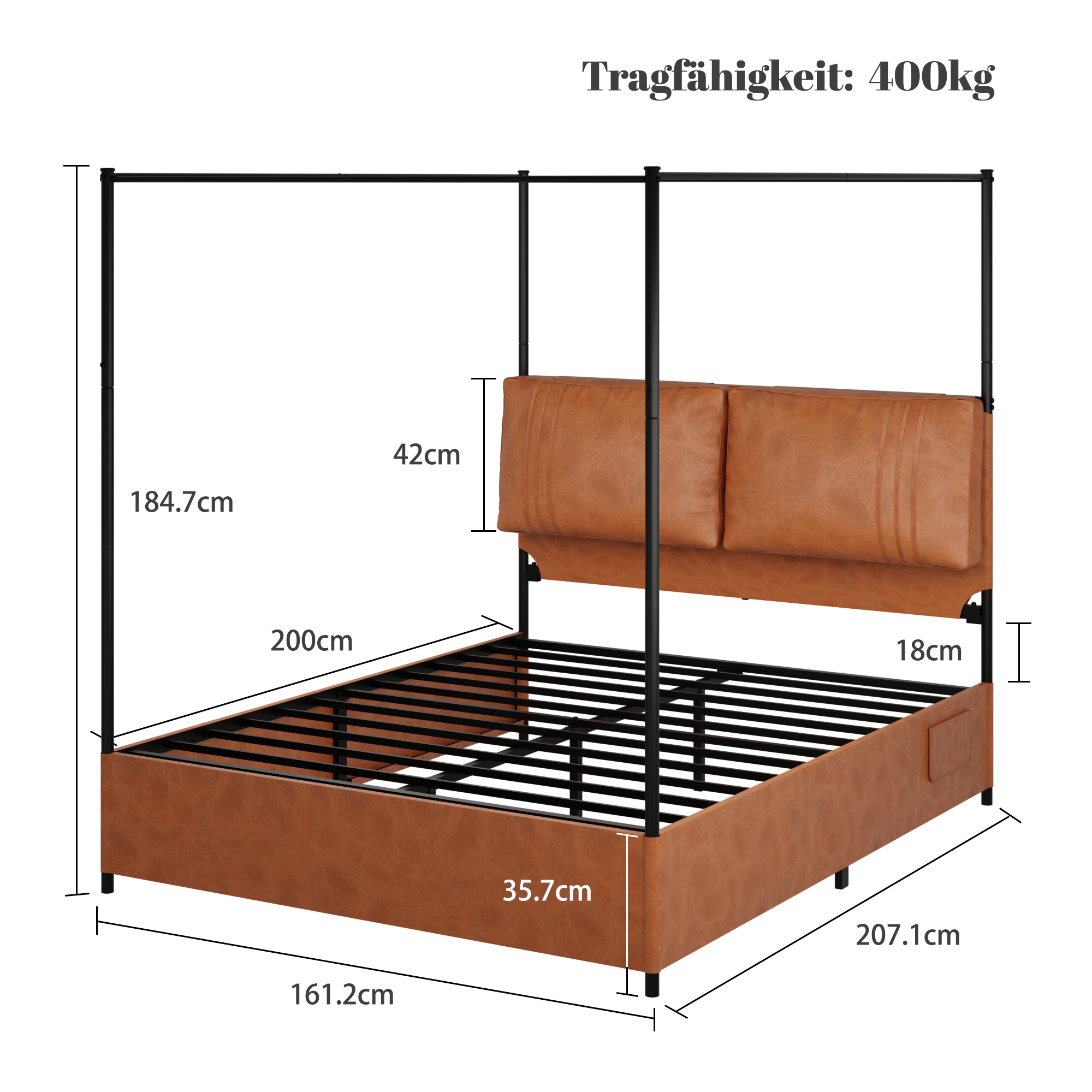 Logidon luxe hemelbed 160x200 bruin kunstleer afneembare hemel