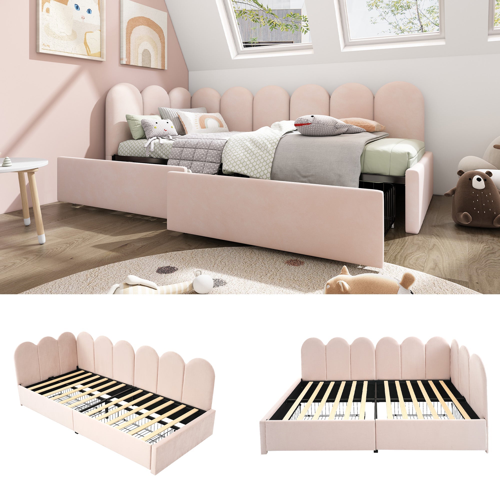 Logidon gestoffeerd bed 90x200 roze fluweel dagbed met lades