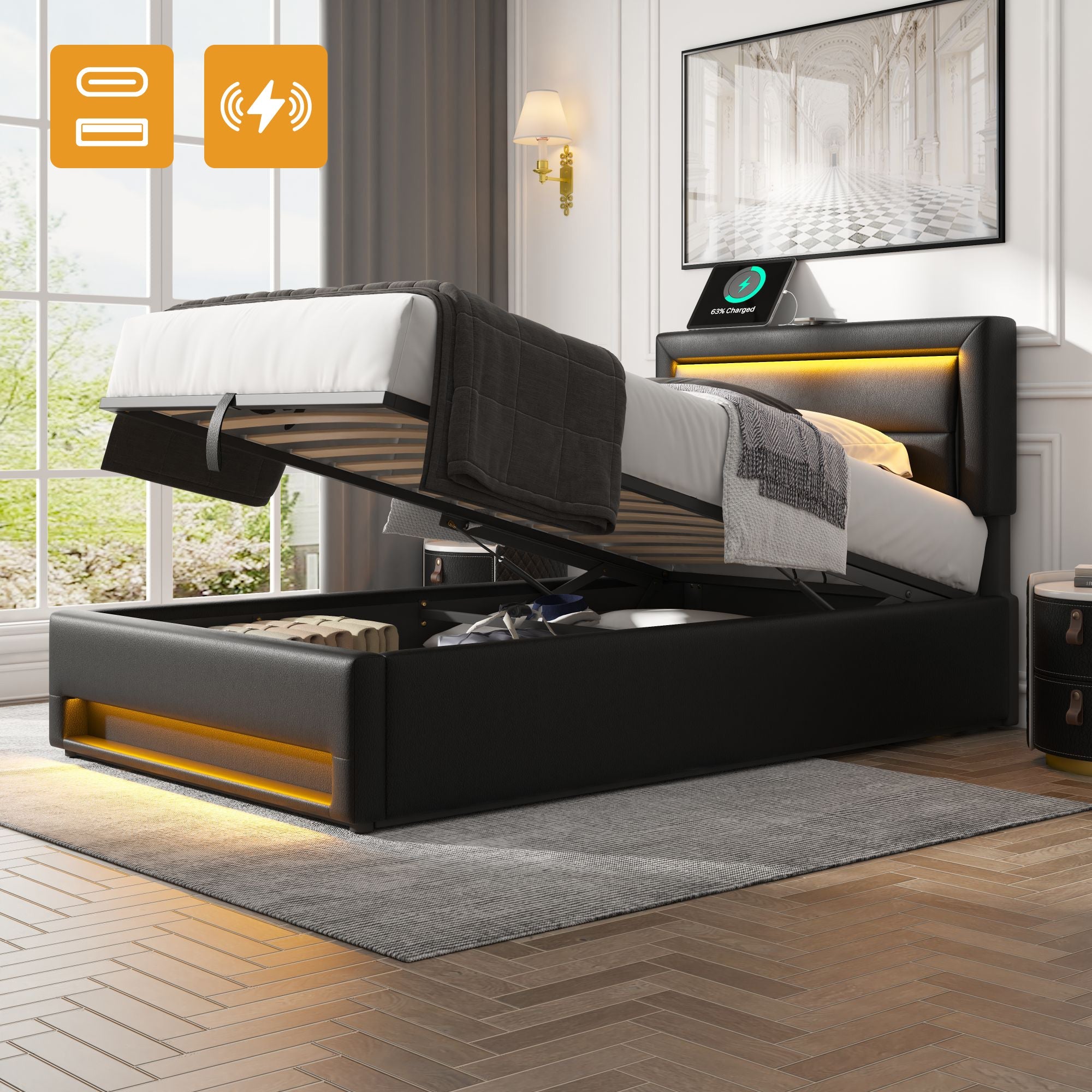 Logidon gestoffeerd bed 90x200 zwart USB-oplaadpoort LED-verlichting