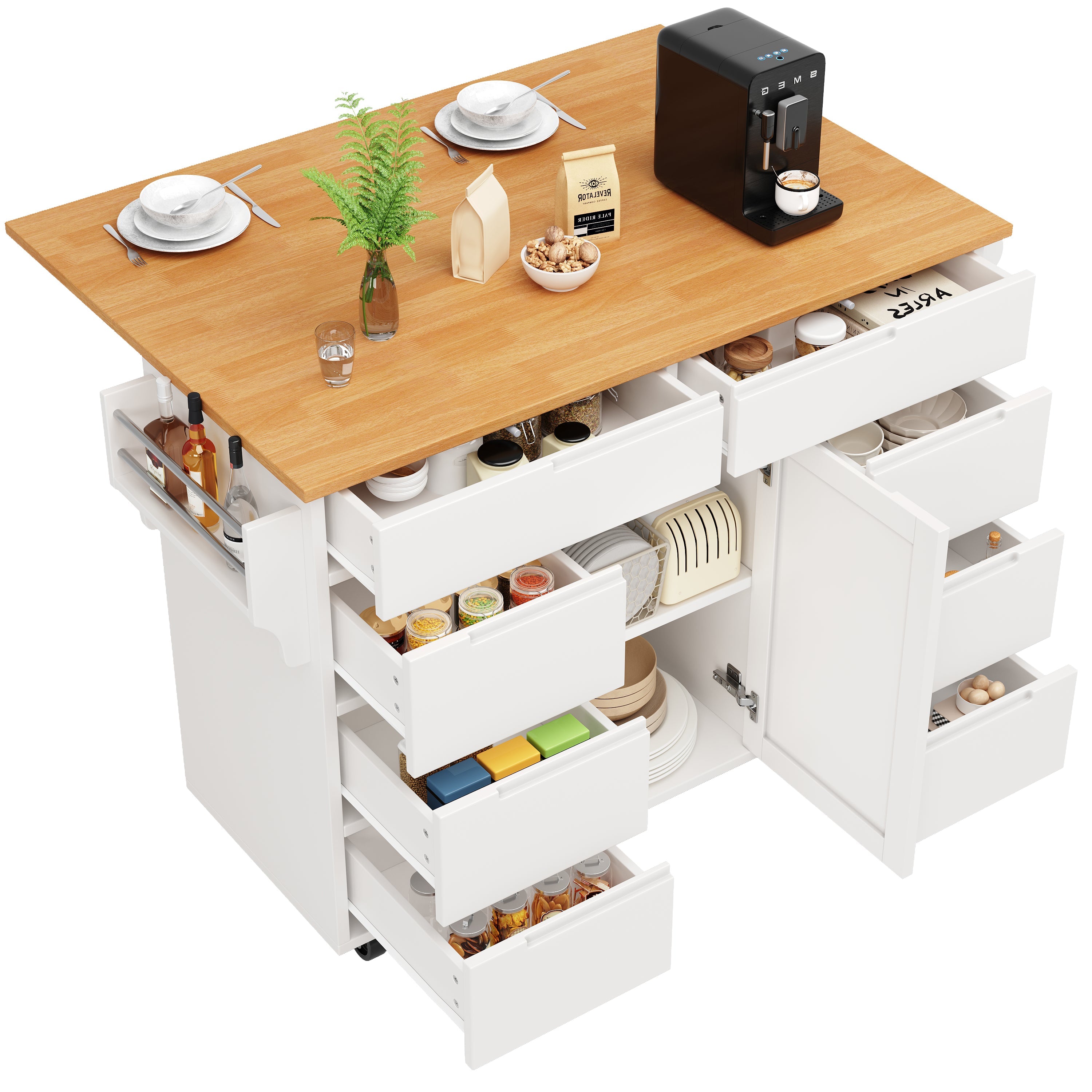 Logidon Modern Keukeneiland Uitschuifbare Keukentrolley Wit 8 Laden