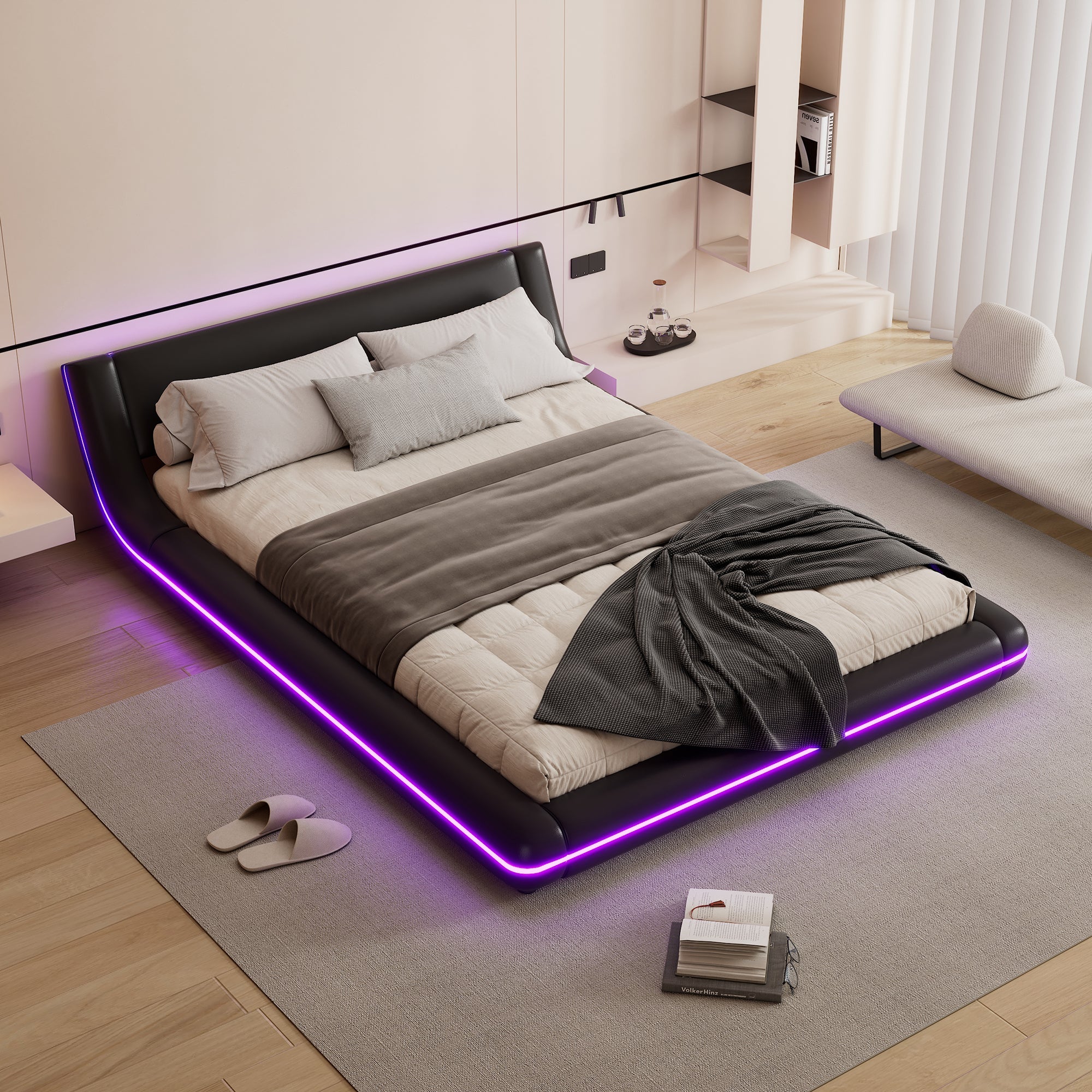 Logidon flat bed 140x200 cm faux leather black LED lighting
