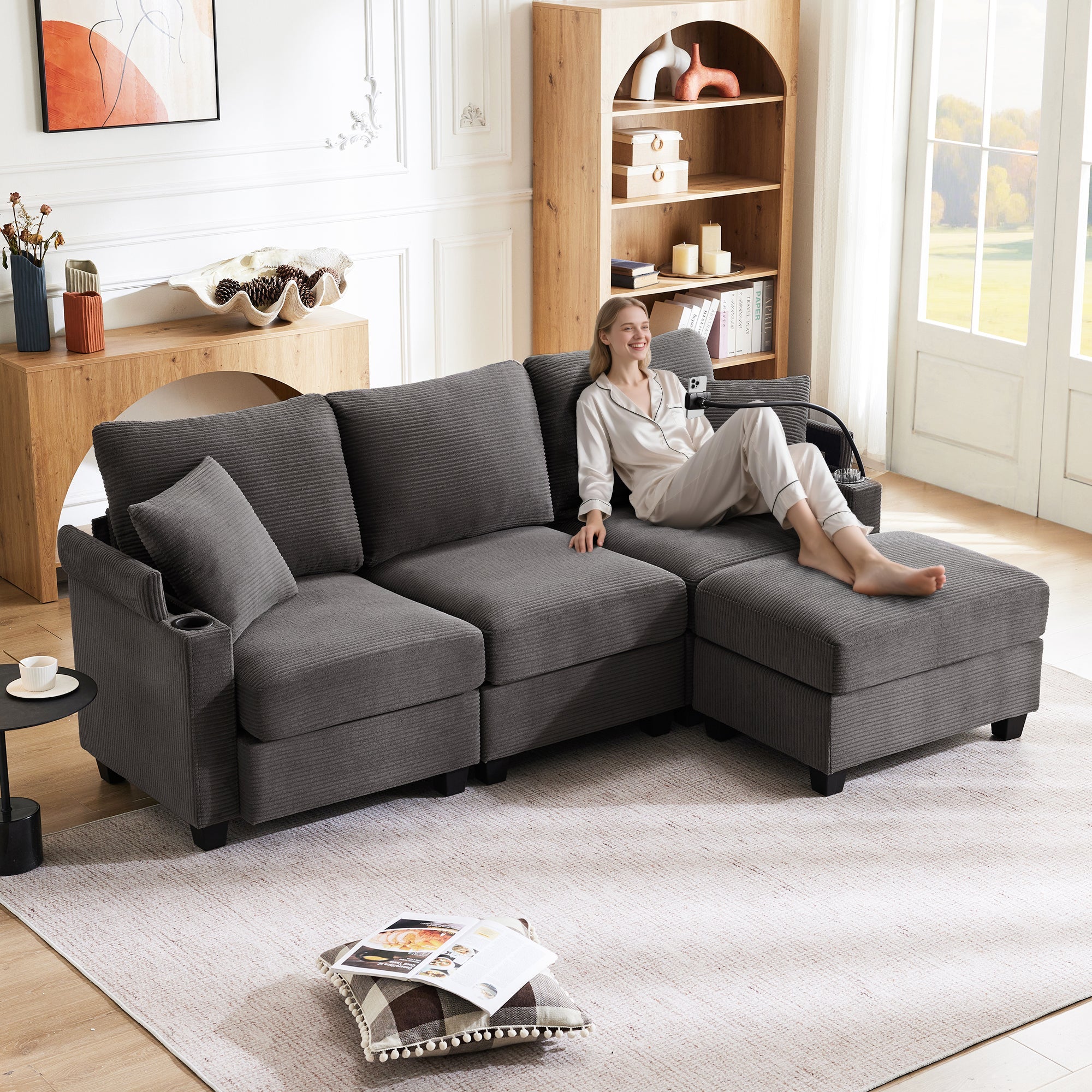 Logidon L-vorm Hoekbank Donkergrijs Corduroy Met USB-oplader