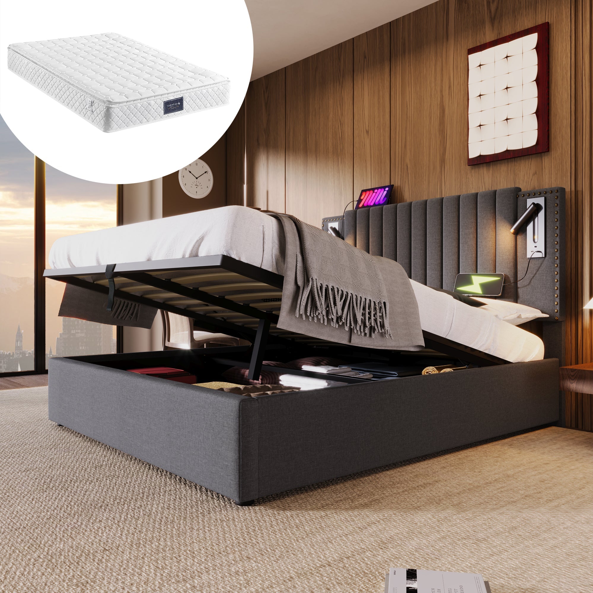 Logidon gestoffeerd bed 160x200 met opbergruimte bedbox LED-lampje USB opladen