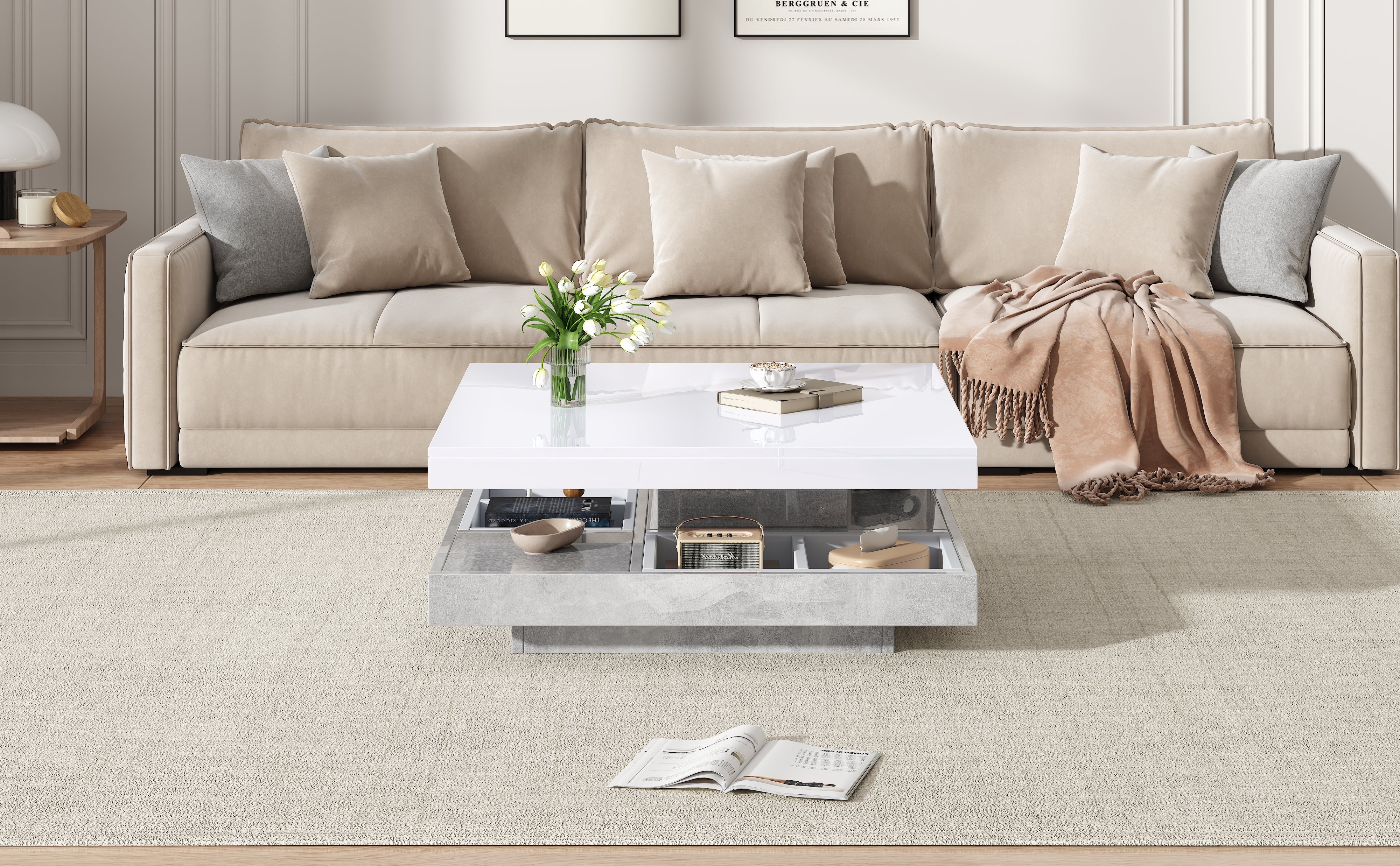 Logidon 360 graden draaibare salontafel 70x70x36 cm wit hoogglans