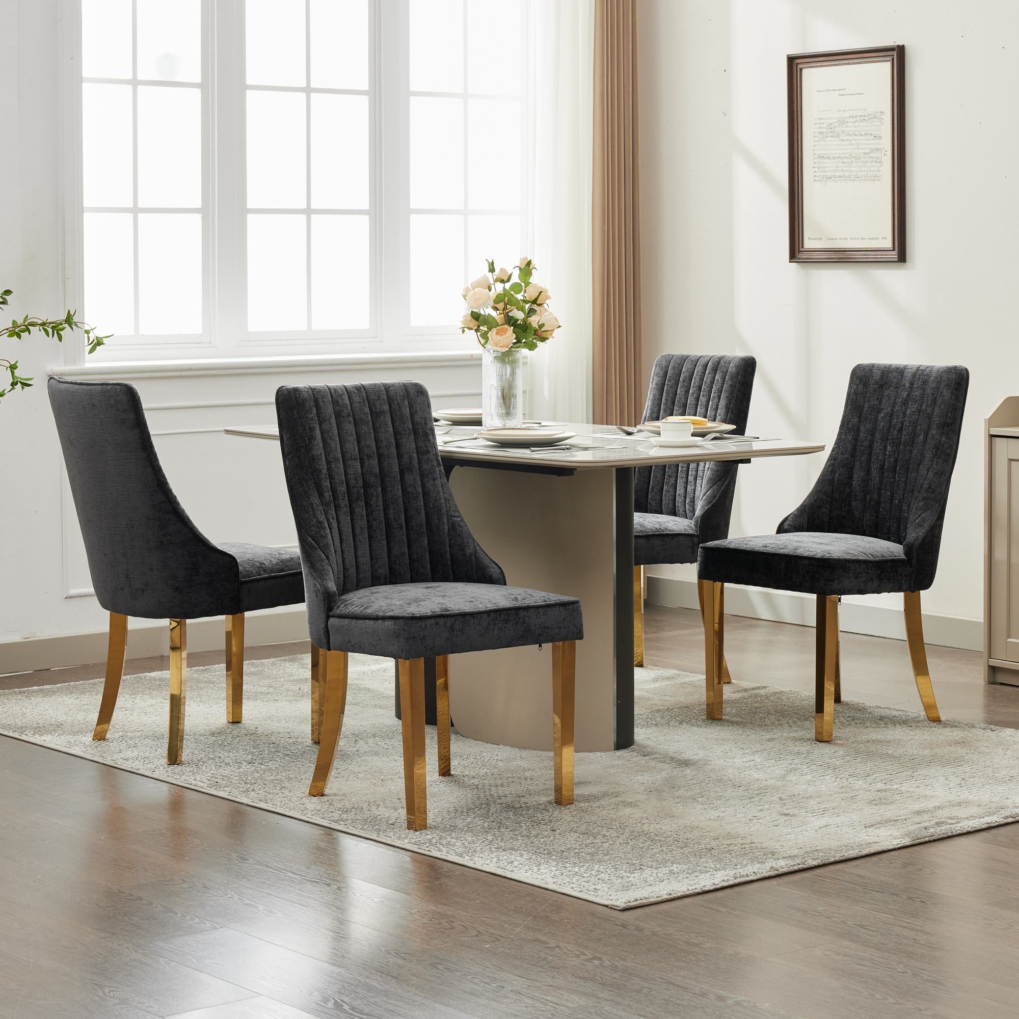 Logidon Chenille Eetstoelenset Zwart Gouden Poten Set van 2 65x50x95 cm