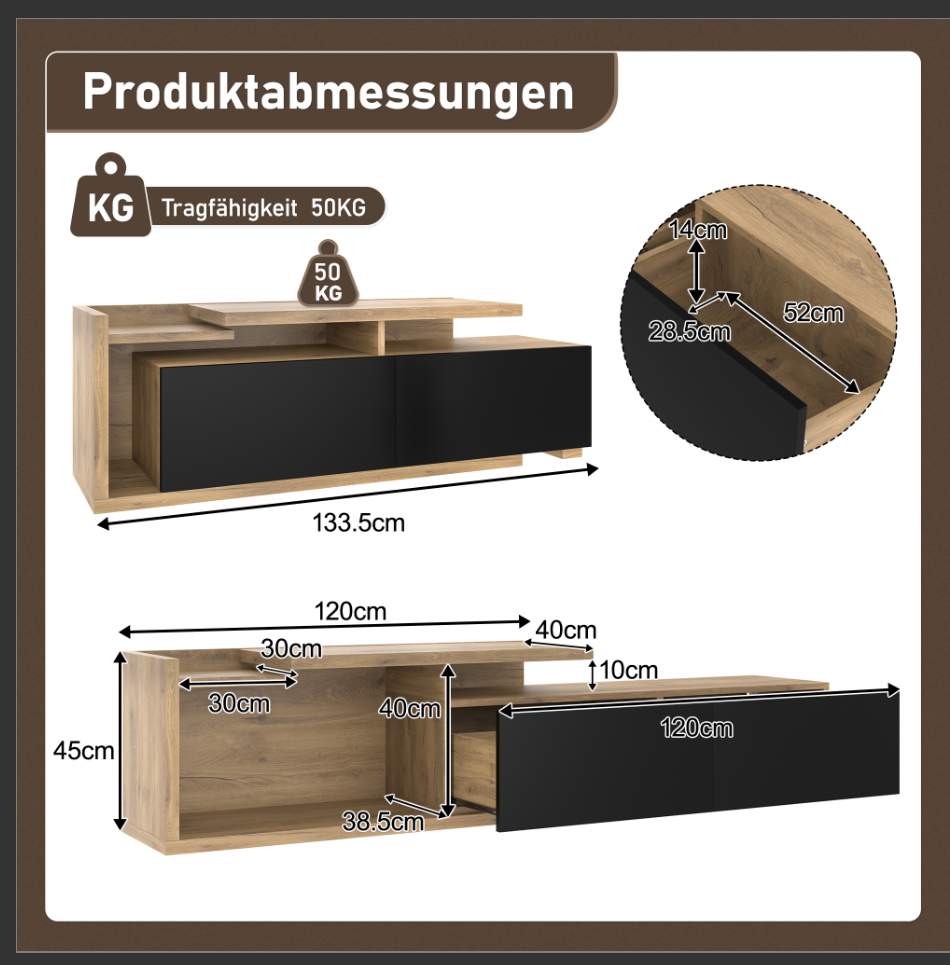 Logidon modulair tv-meubel met LED-verlichting en uittrekmodule