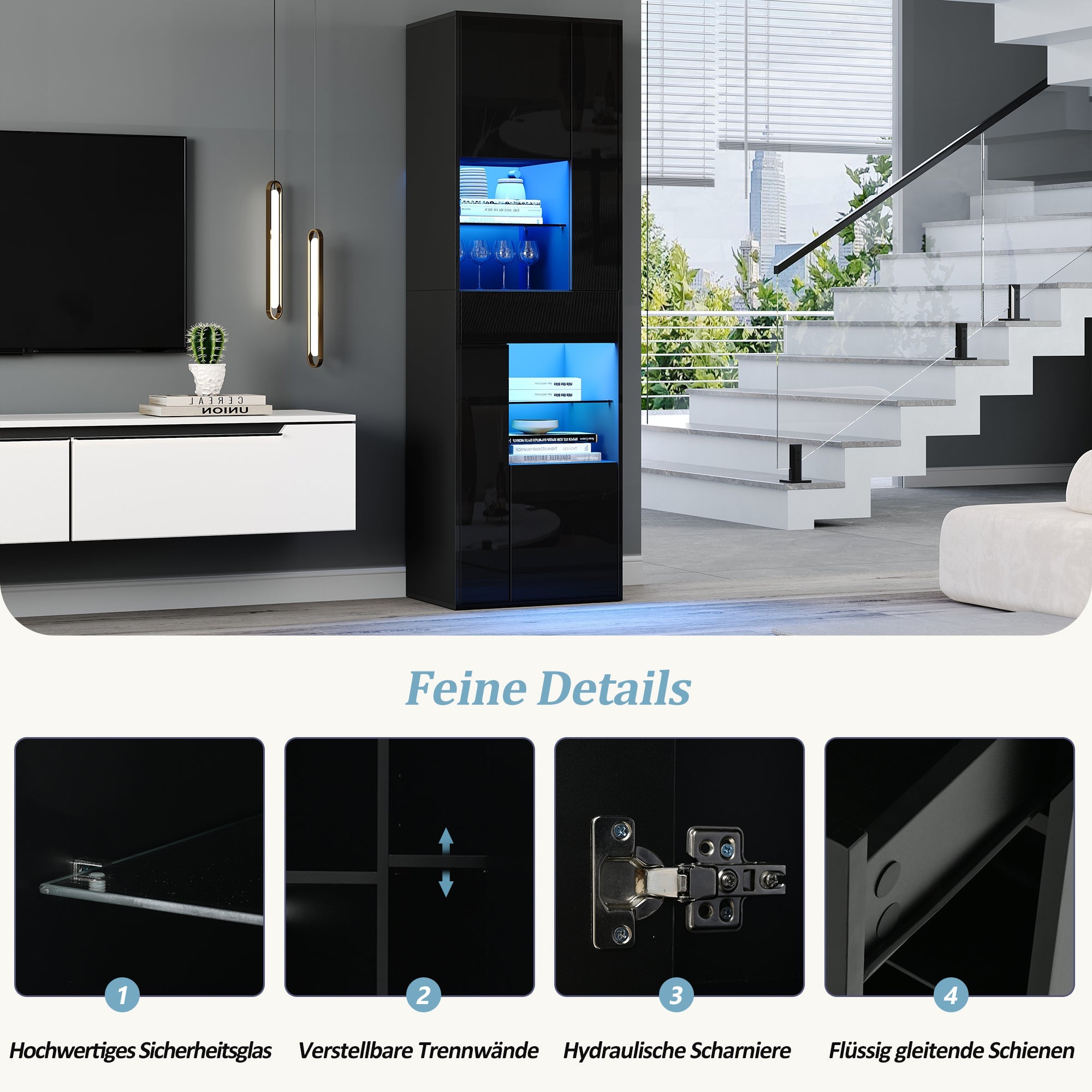 Logidon zwarte hoogglans glazen vitrine 55 x 38 x 170 cm LED-verlichting