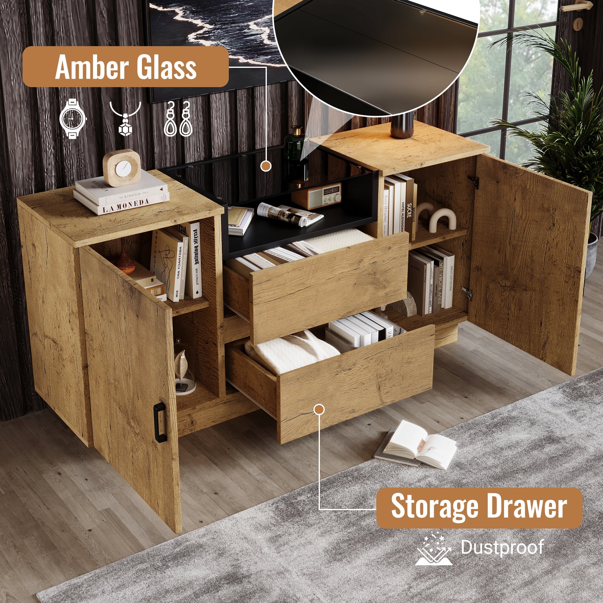 Logidon oak look chest of drawers sideboard 2 drawers 2 cupboards H70