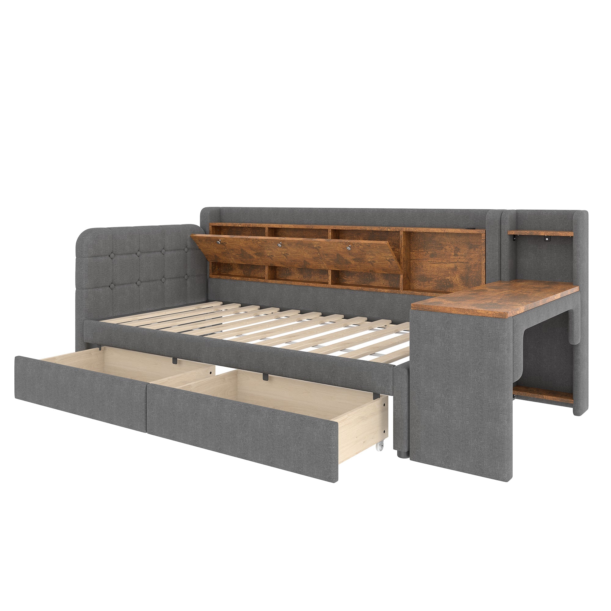 Logidon Daybed 90x200 cm slaapbank met bureau grijs USB Type C