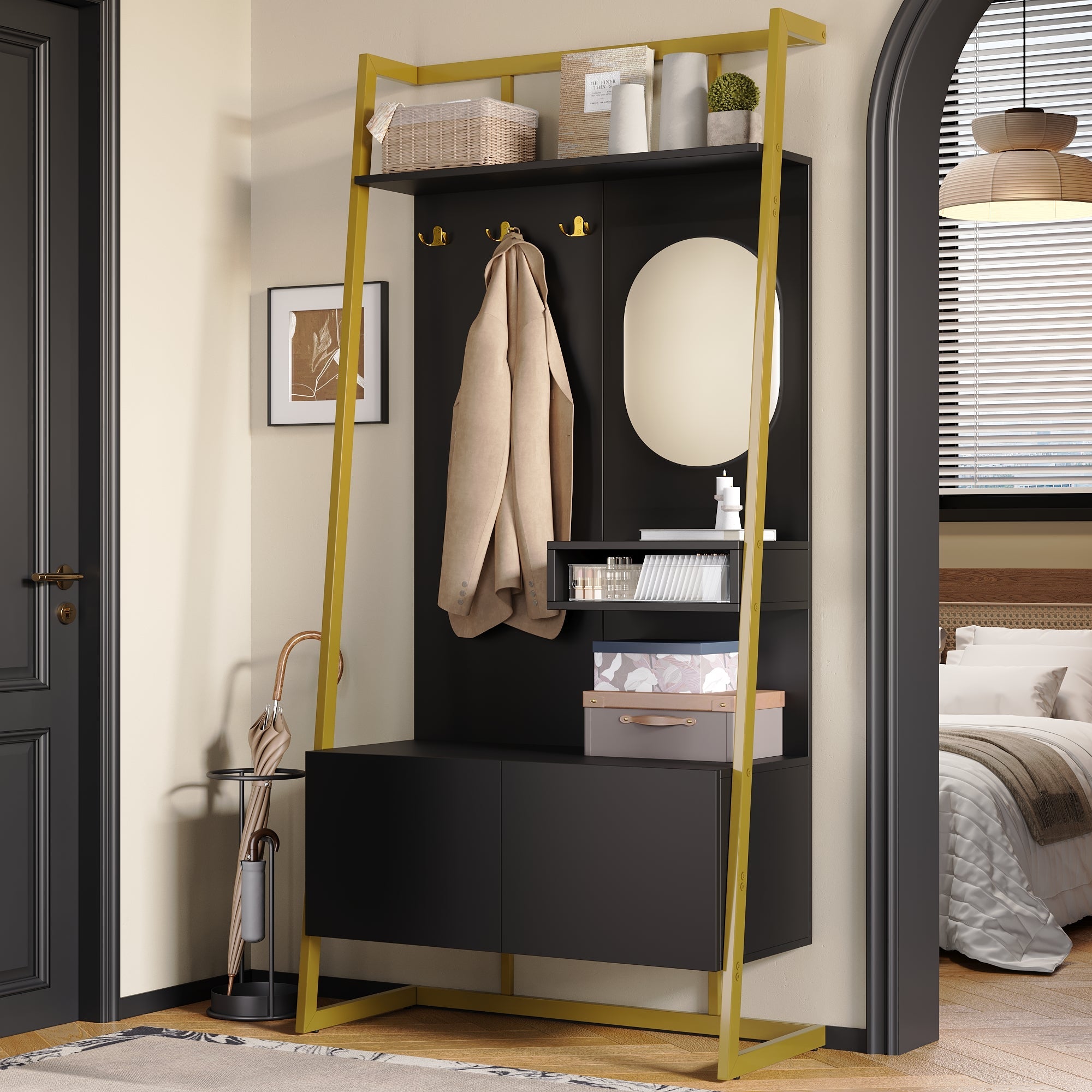 Logidon Modern Compact Wardrobe Box Mirror Shoe Bench Black 78 x 38.5 x 180.5 cm