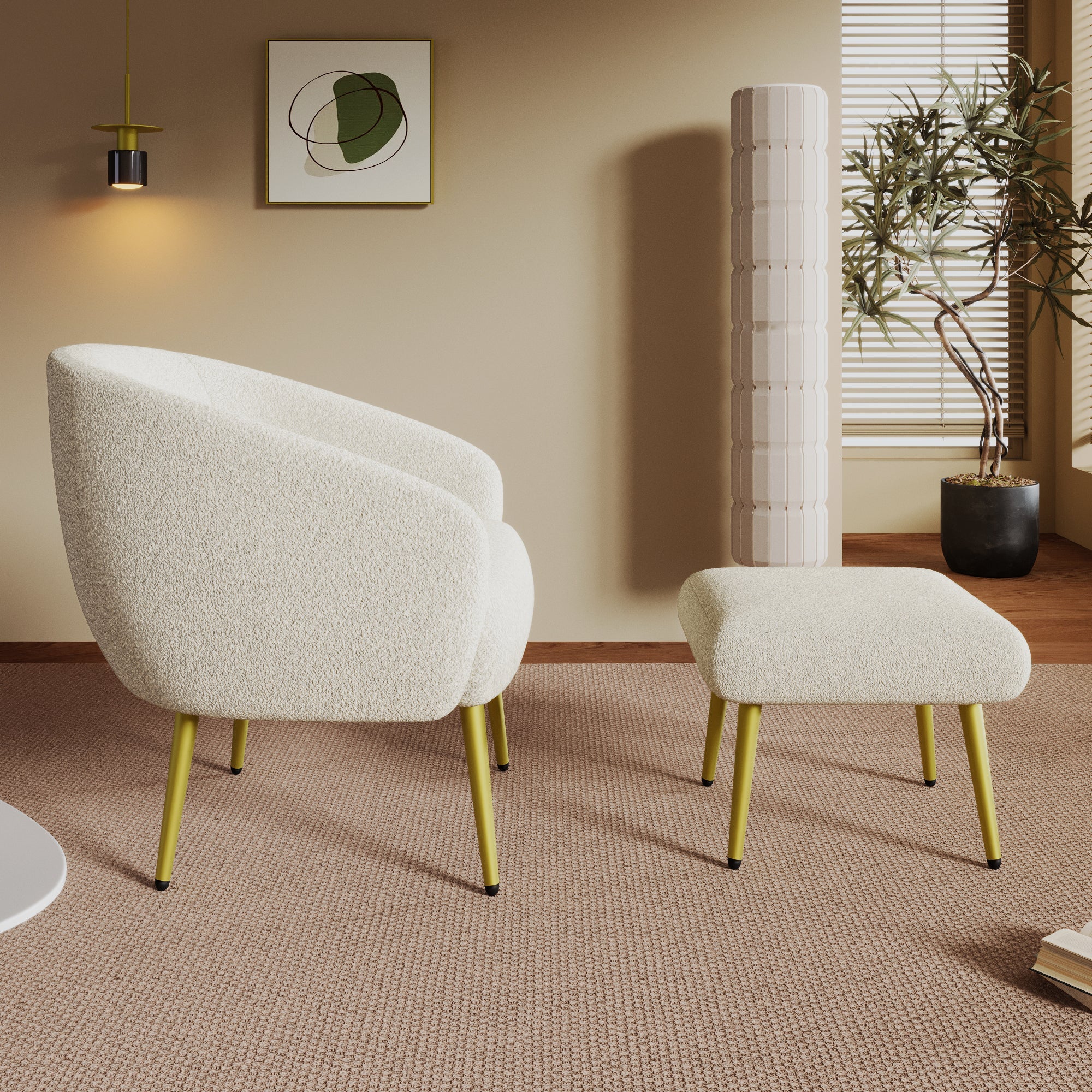 Logidon Modern Sherpa Upholstered Chair with Footstool White Gold Legs