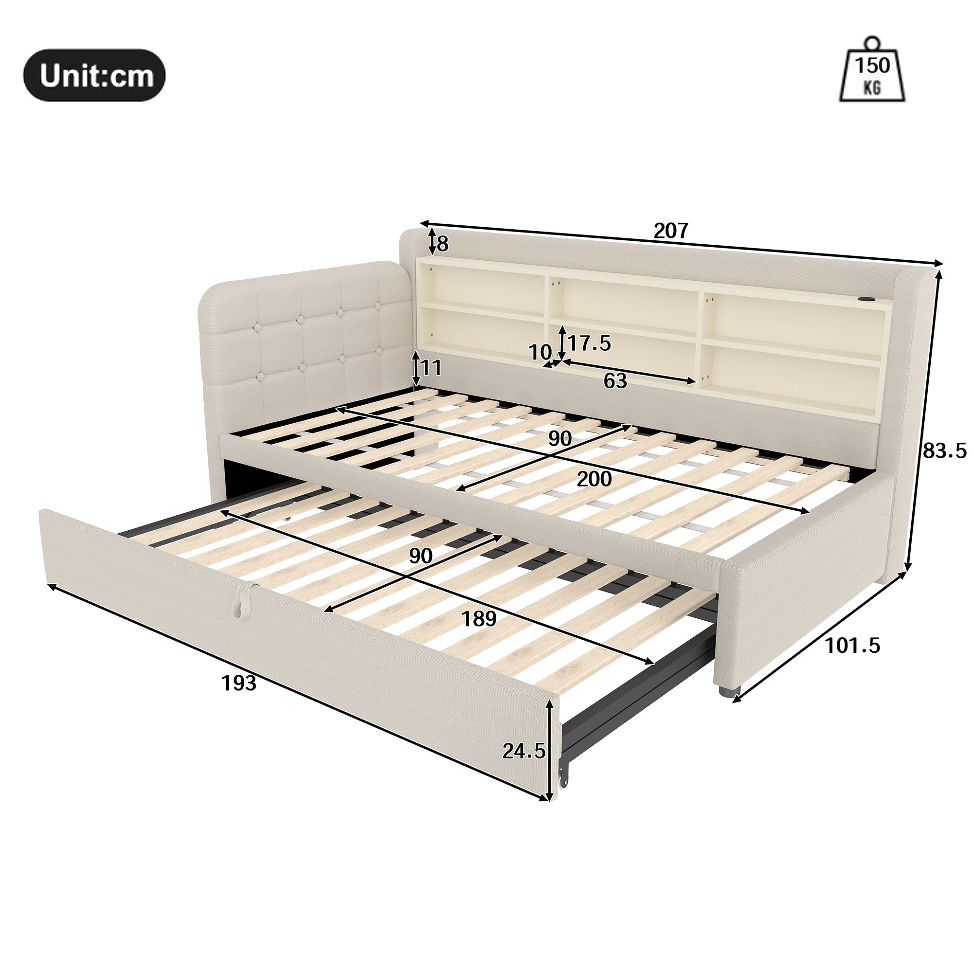 Logidon Daybed 90x200 beige linnen uitschuifbare slaapbank USB Type C