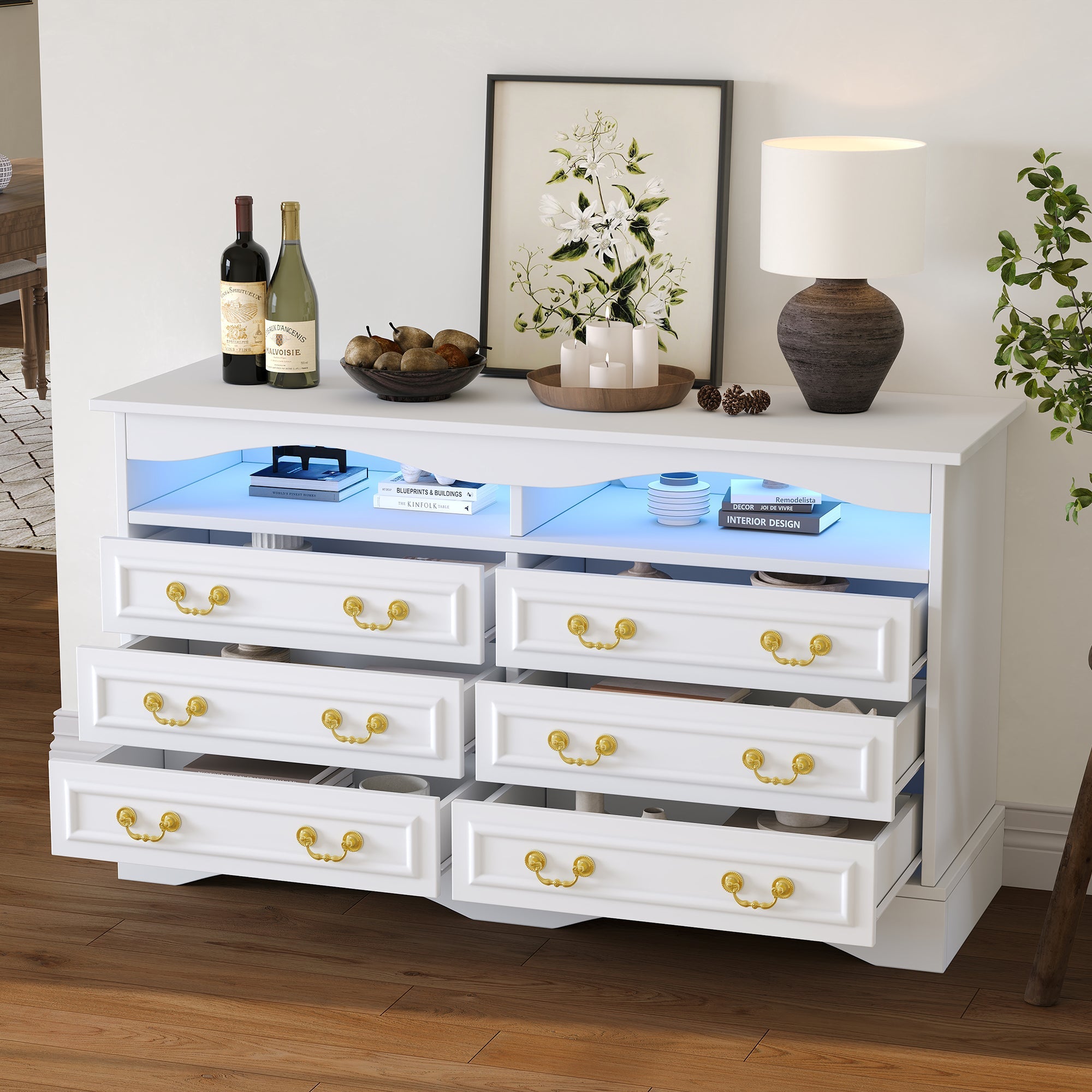 Logidon Dressoir 120x40x70 met LED-licht en halfopen opbergruimte Wit