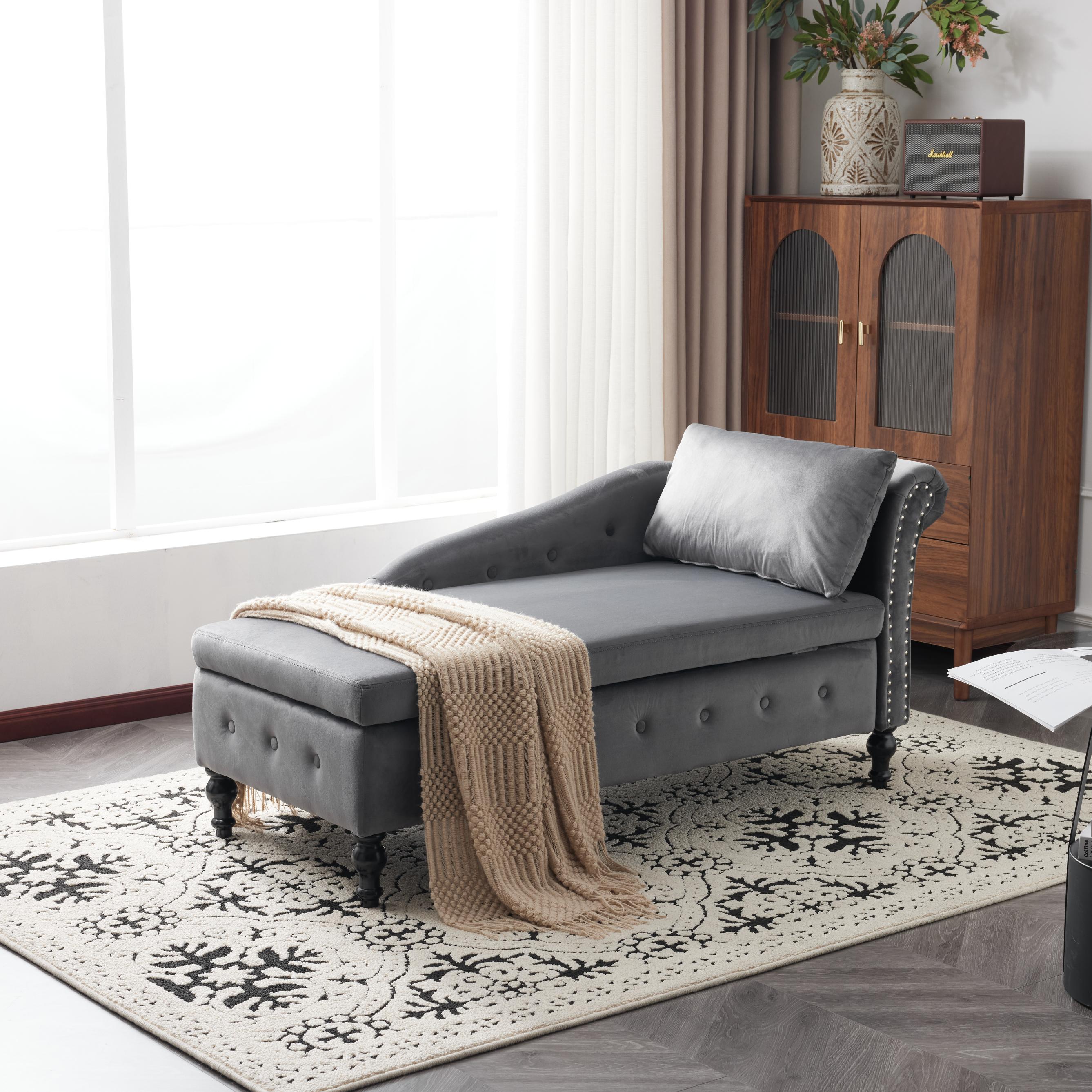 Logidon chaise longue bank grijs fluweel met opbergspijkerkop