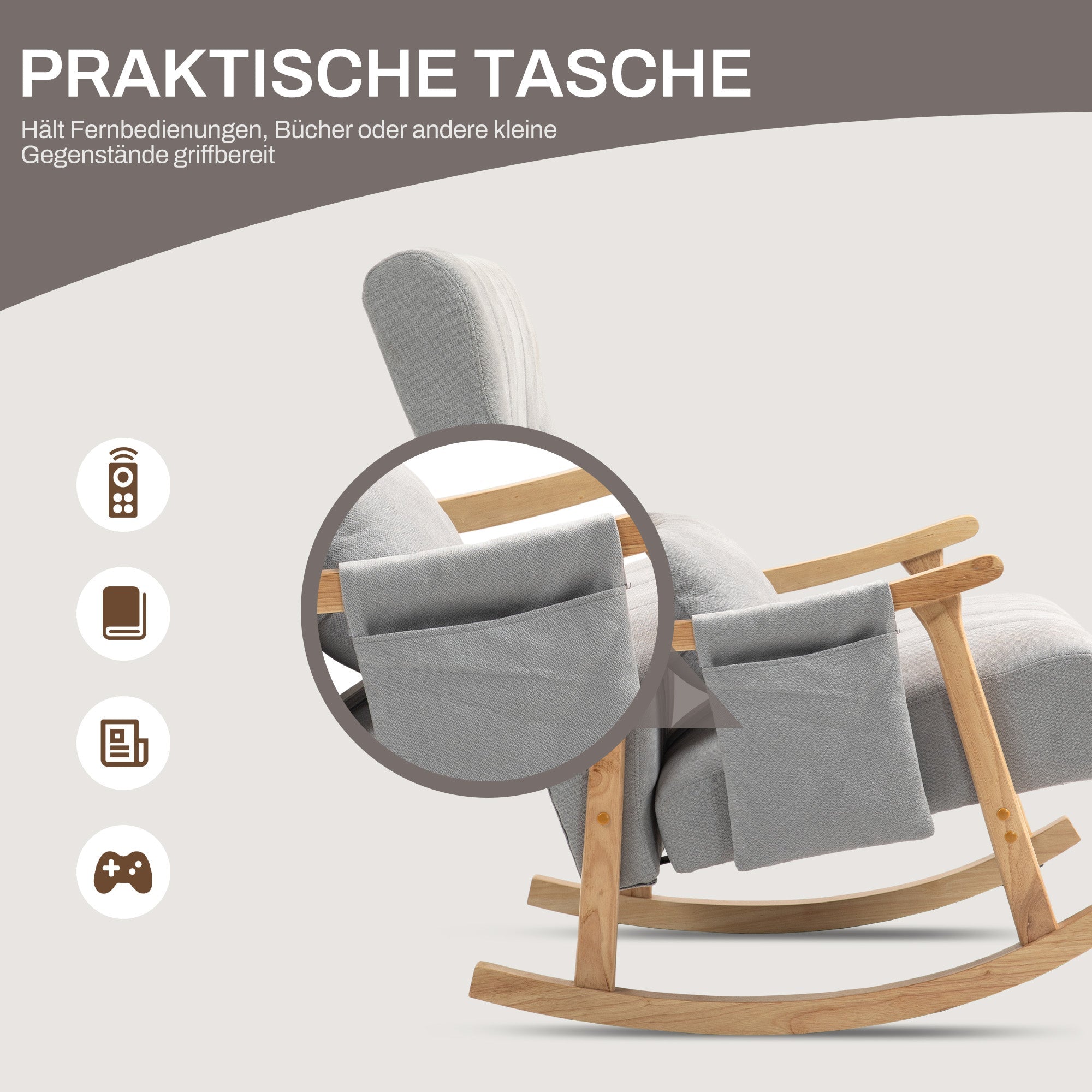 Logidon schommelstoel grijs gestoffeerd met lendenkussen houten frame