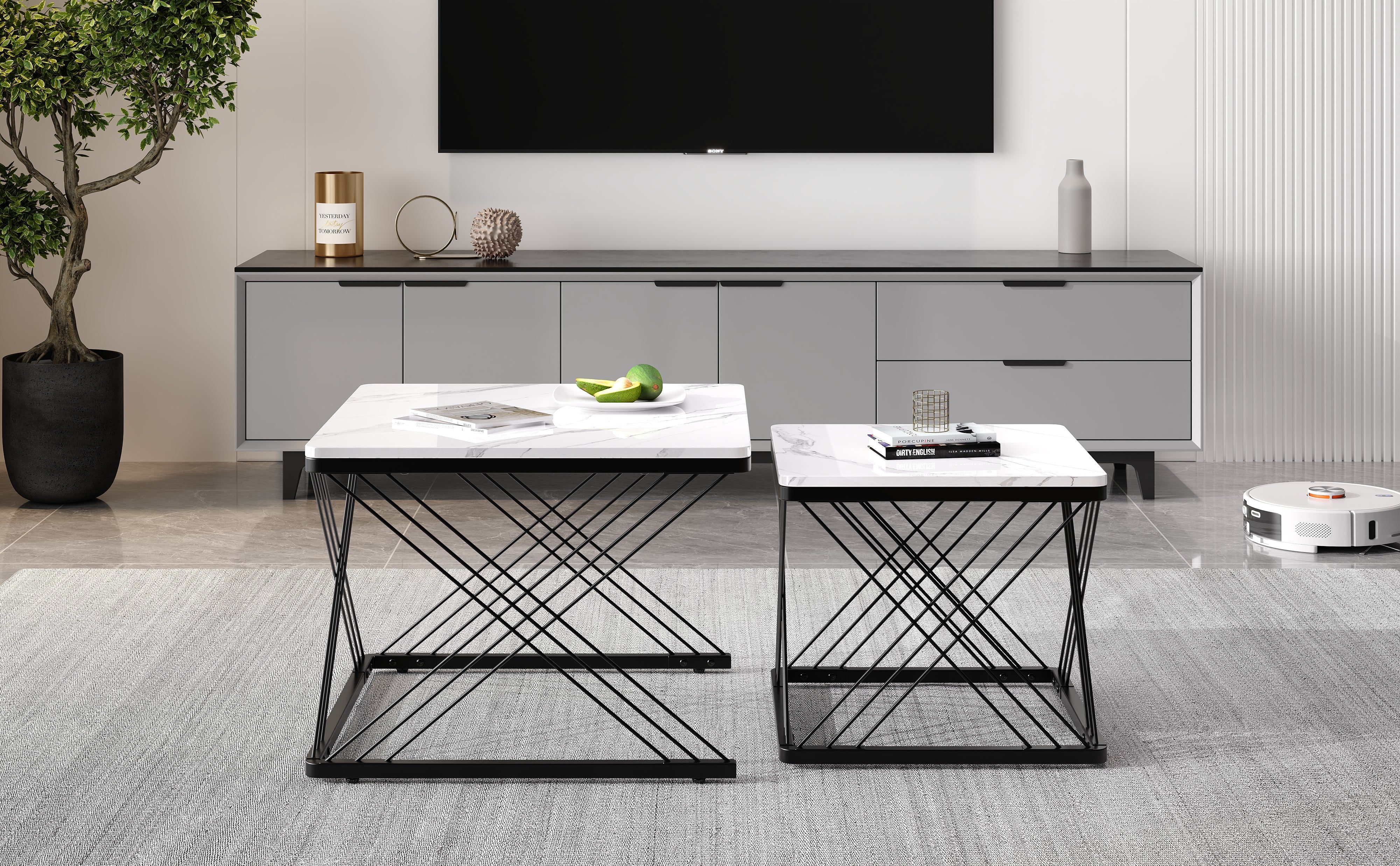 Logidon Stylish 2-piece coffee table set high-gloss marble look 60x60 cm