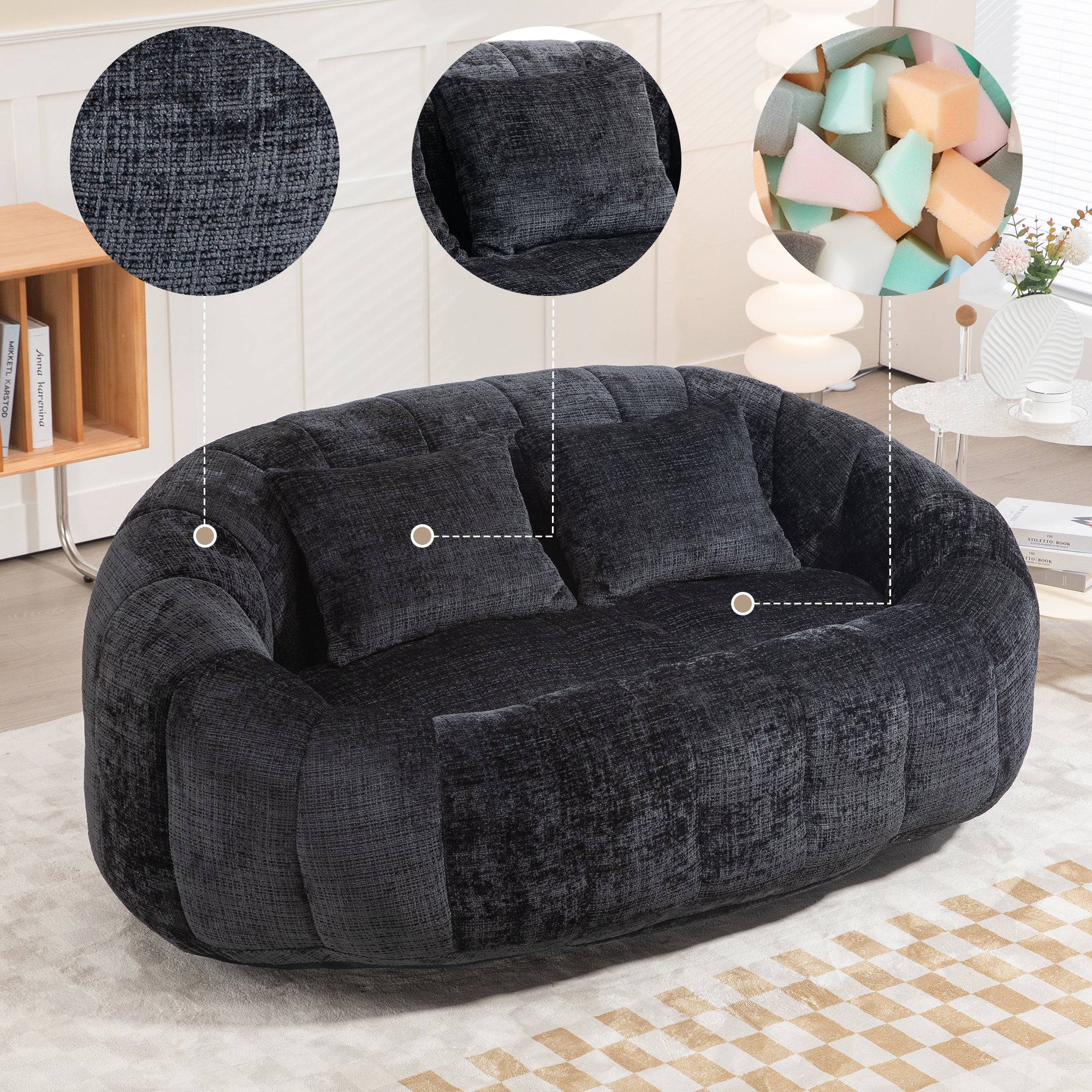 Logidon Luxe Zitzak met Hoge Rug Chenille Zwart 150x95 cm