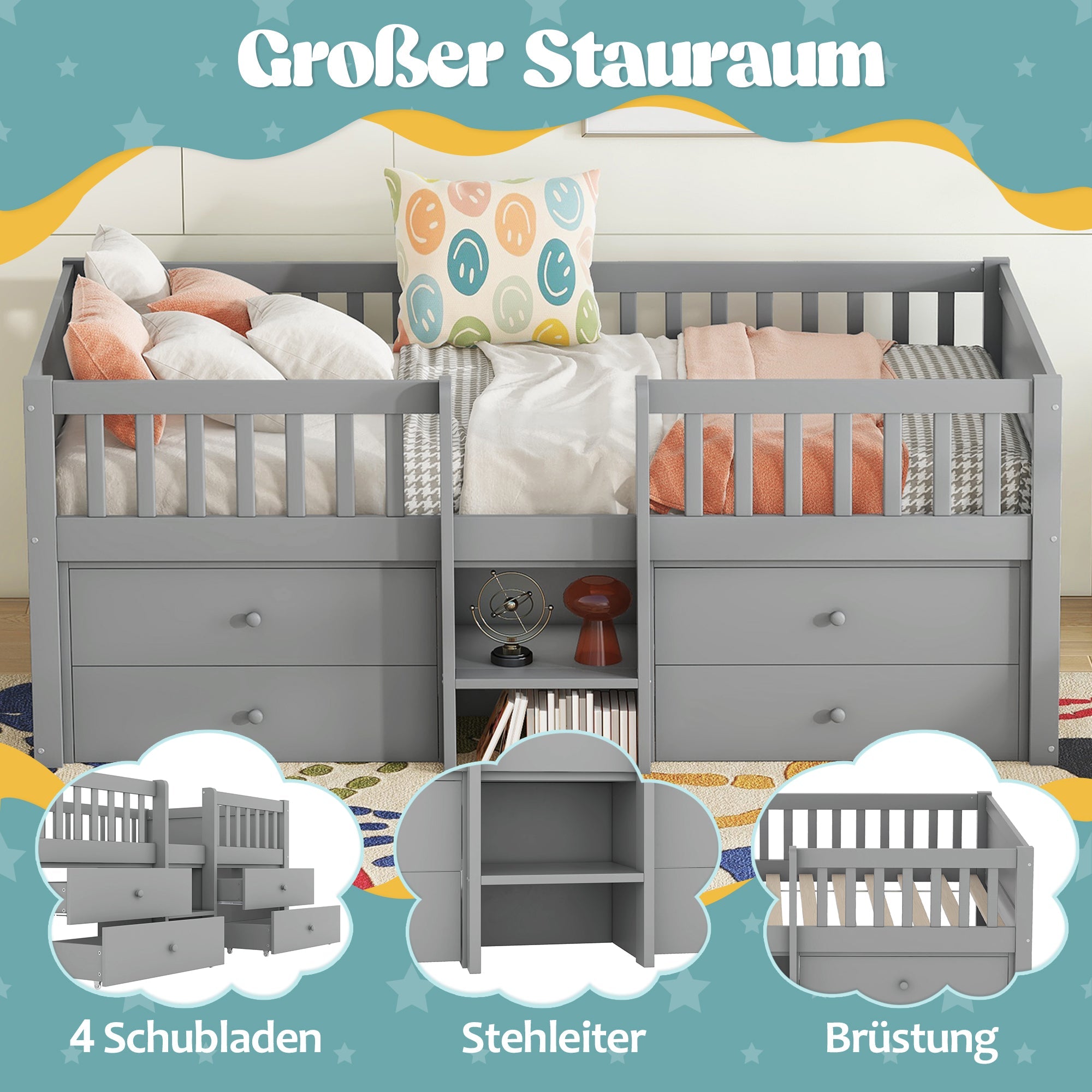 Logidon halfhoogsbed 90x200 grijs met 4 ladenrailing