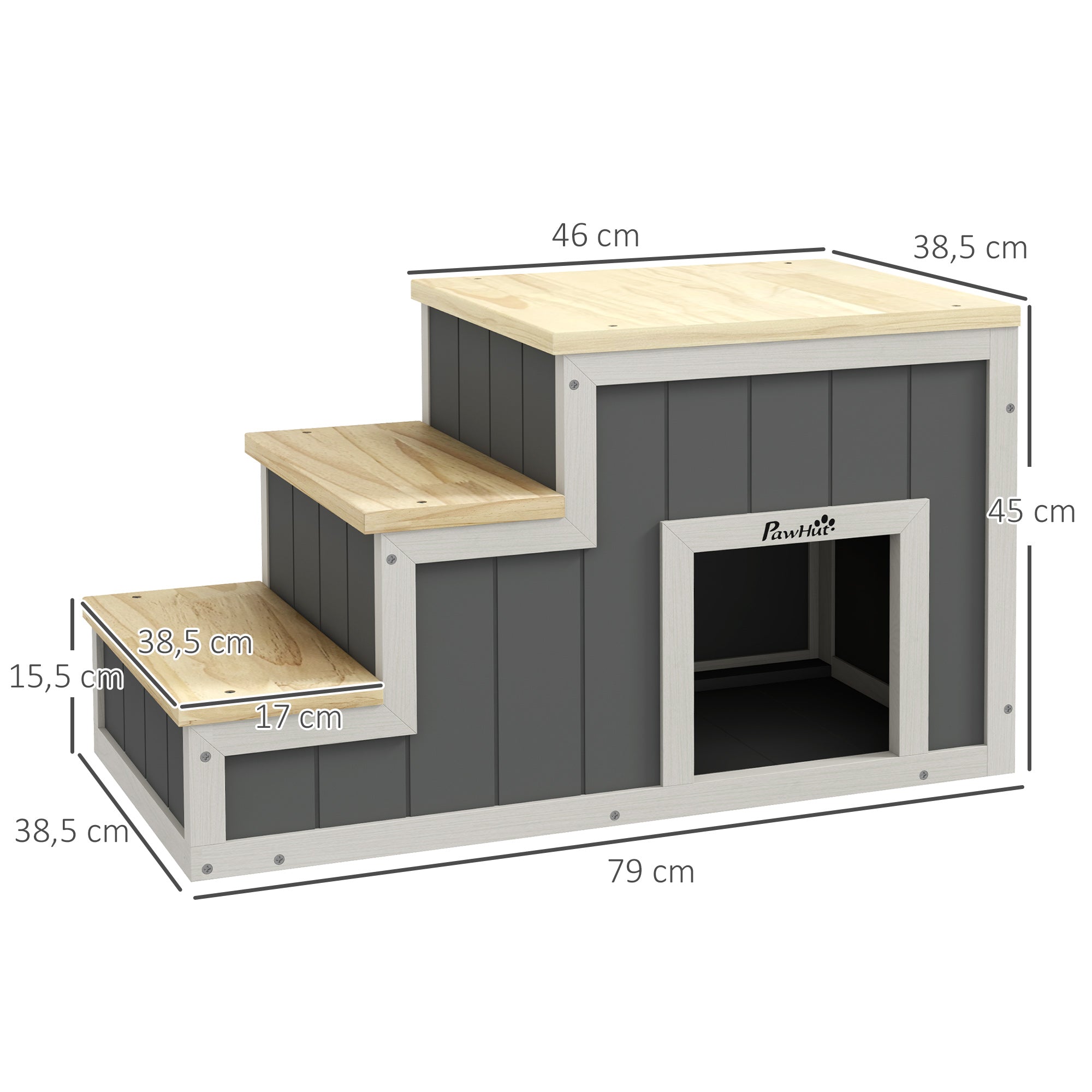 Logidon PawHut 2-in-1 hondentrap met grot 3 treden natuurlijk hout