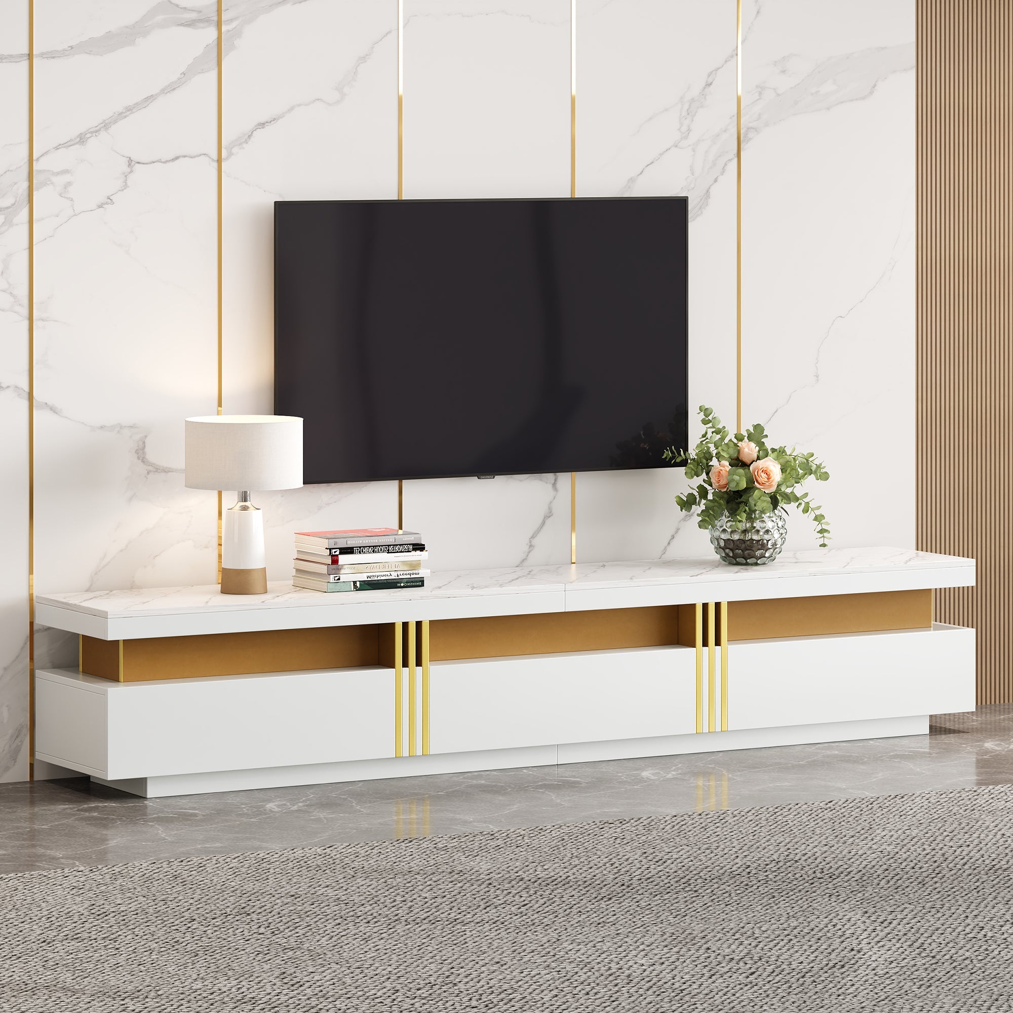 Logidon TV-meubel 200 cm marmerlook drie lades kabelmanagement