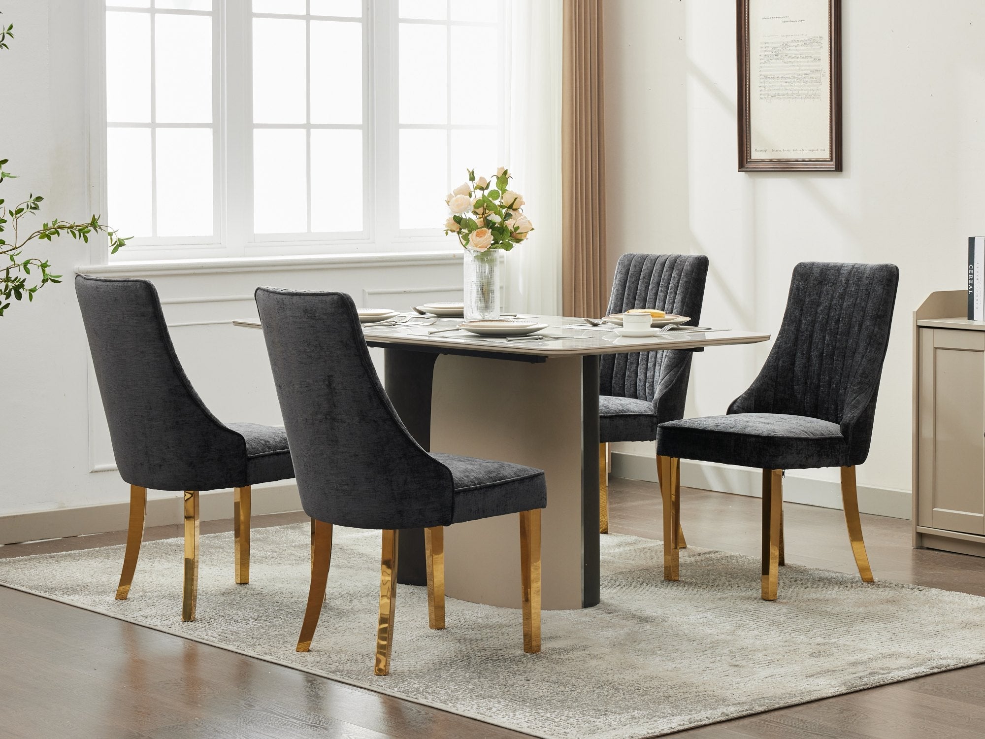 Logidon Chenille Eetstoelenset Zwart Gouden Poten Set van 2 65x50x95 cm