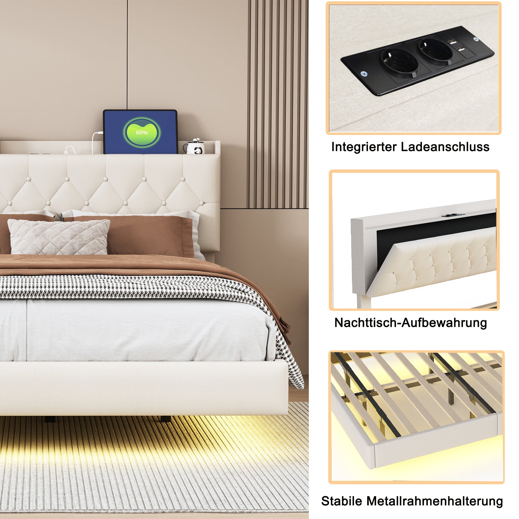 Logidon gestoffeerd bed 140x200 cm beige USB-oplaadpoort LED-lichtstrip