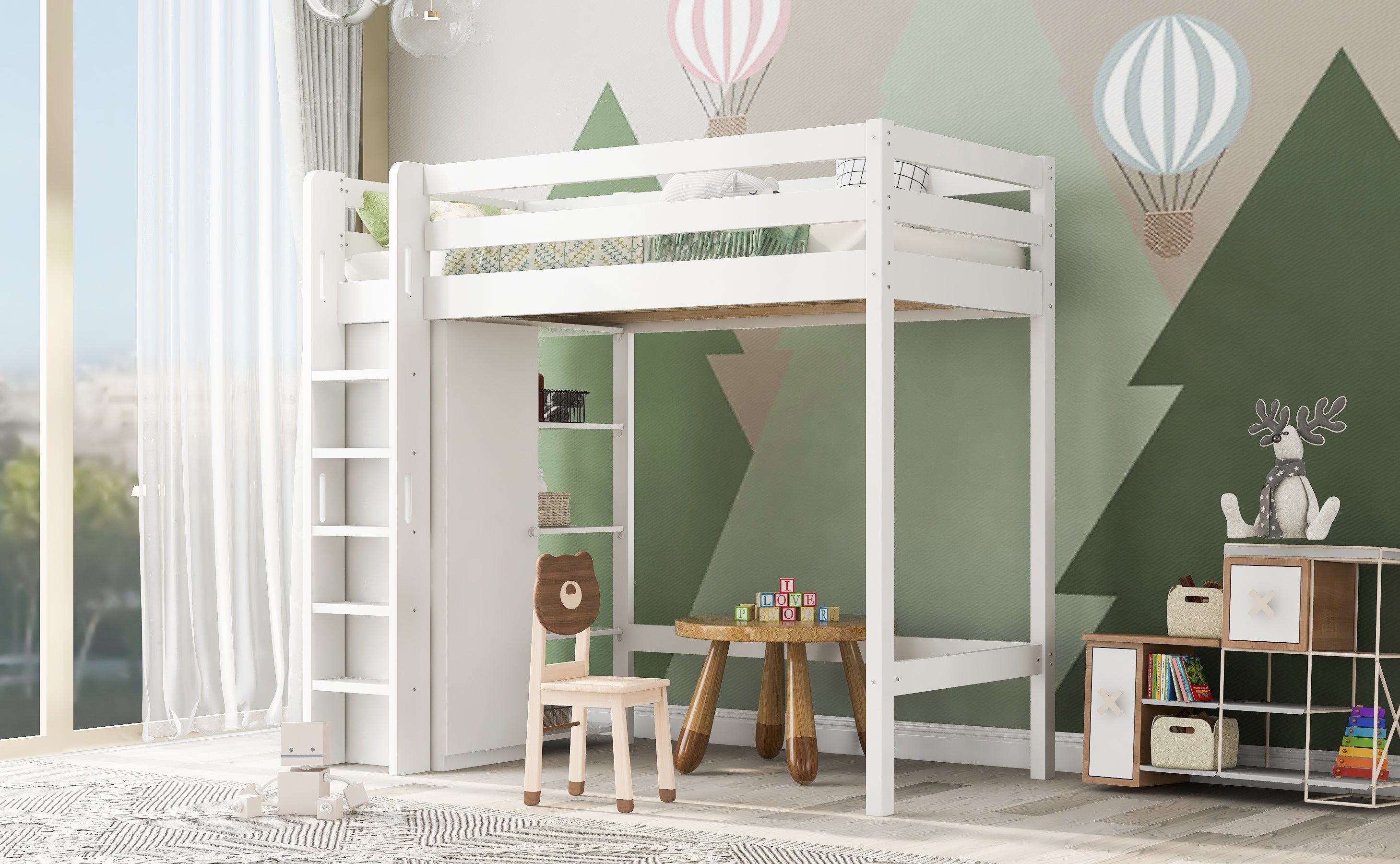 Logidon kinderhoogslaper 90x200 cm wit met kledingkast en 6 planken