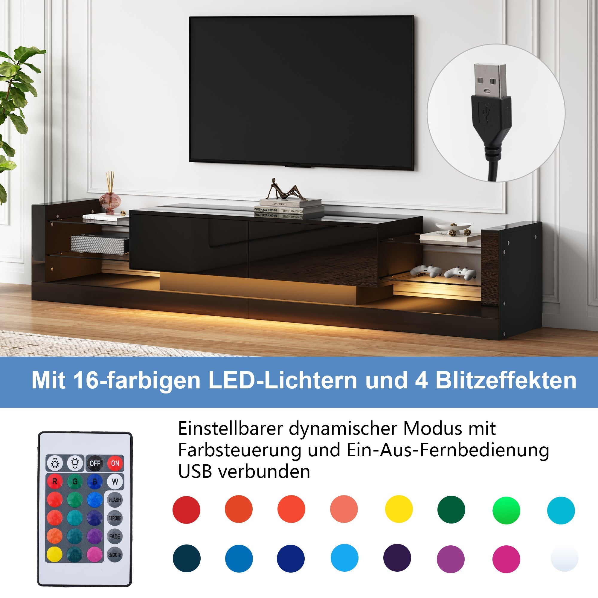 Logidon high-gloss TV cabinet 181 cm LED lighting black glass front
