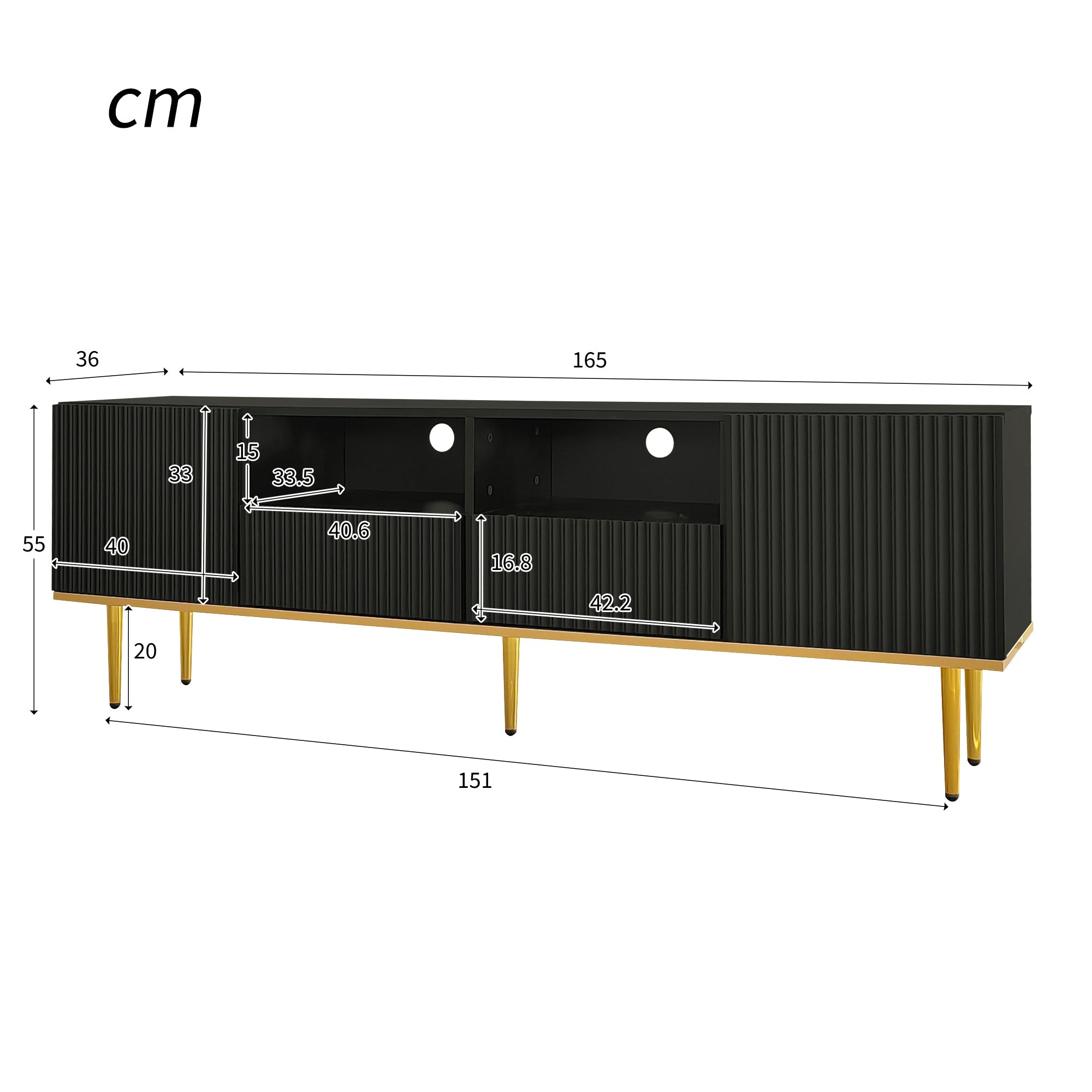 Logidon Modern TV-meubel 165 cm Zwart met Gouden Voeten en Rand