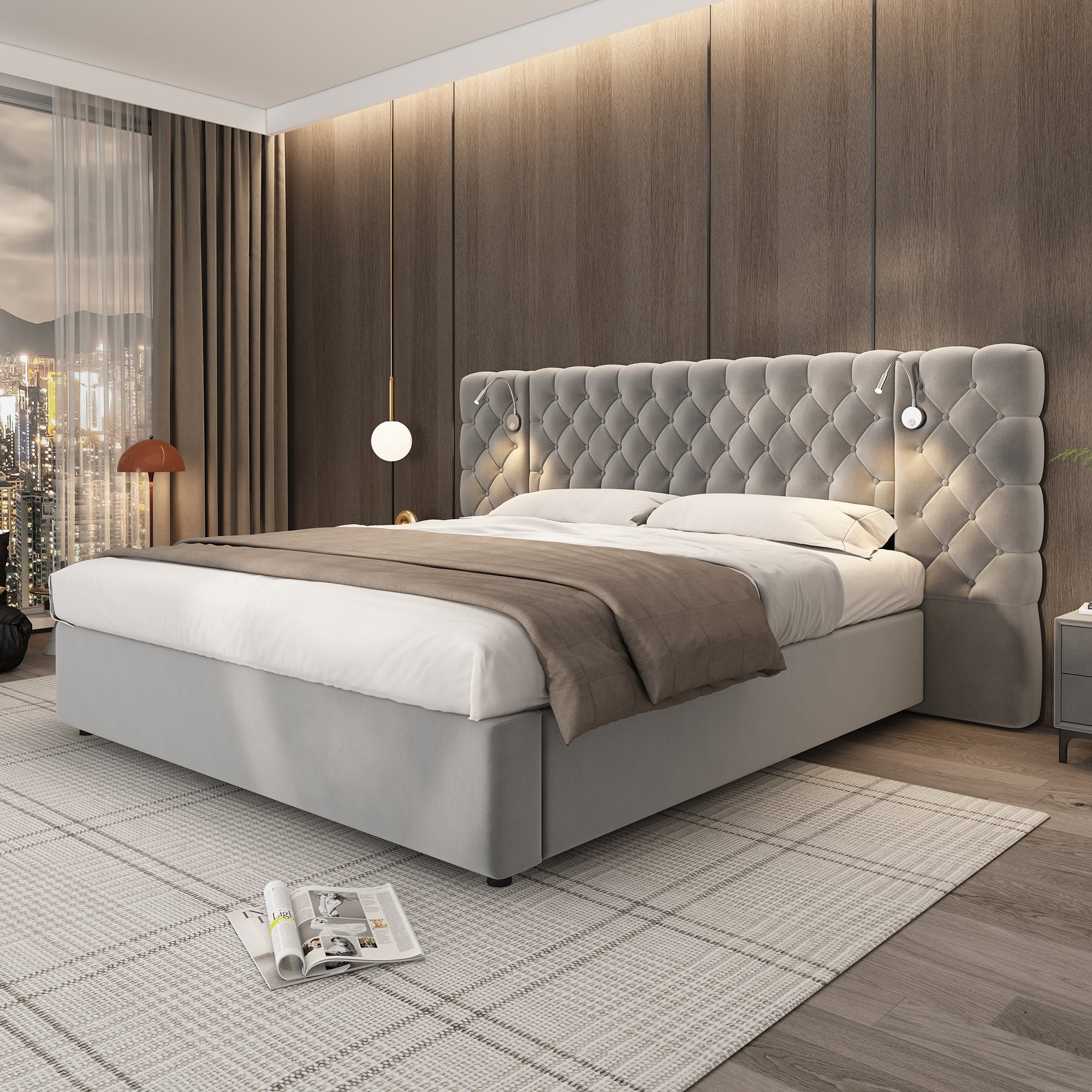 Logidon upholstered bed 180 x 200 cm with hydraulic storage space LED gray