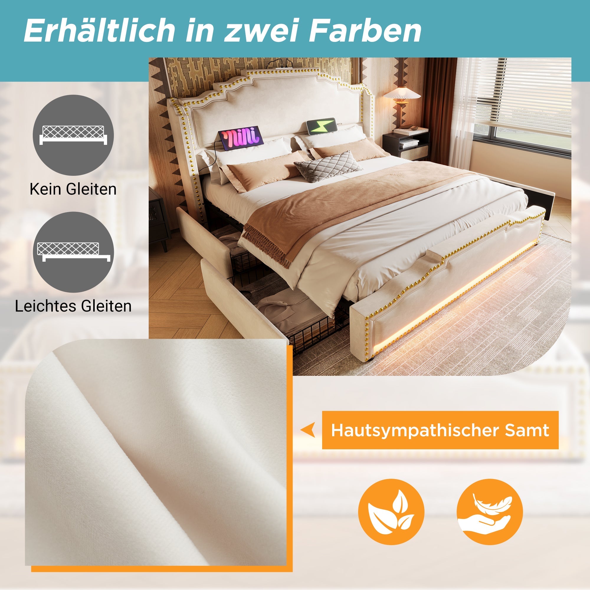Logidon gestoffeerd bed 140x200 beige LED USB C 4 lades met matras