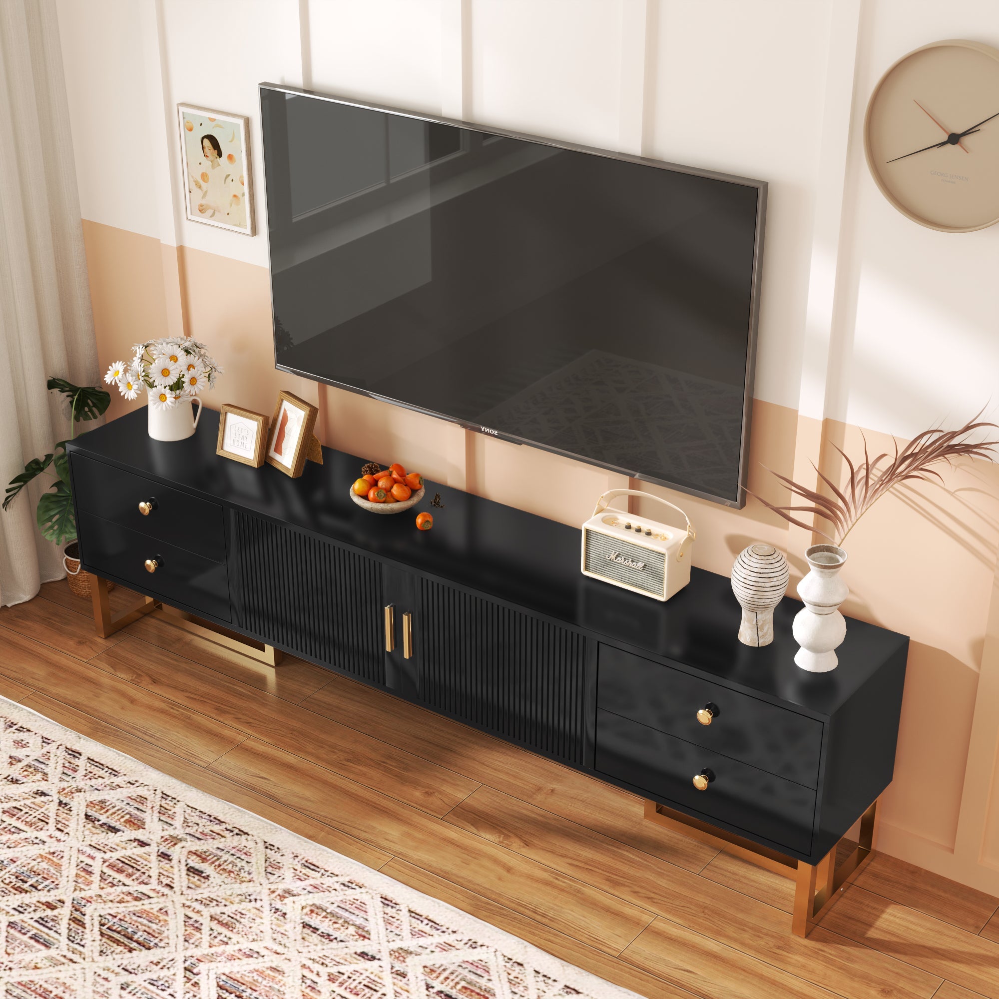 Logidon TV Cabinet Black With Textured Door And Golden Handles
