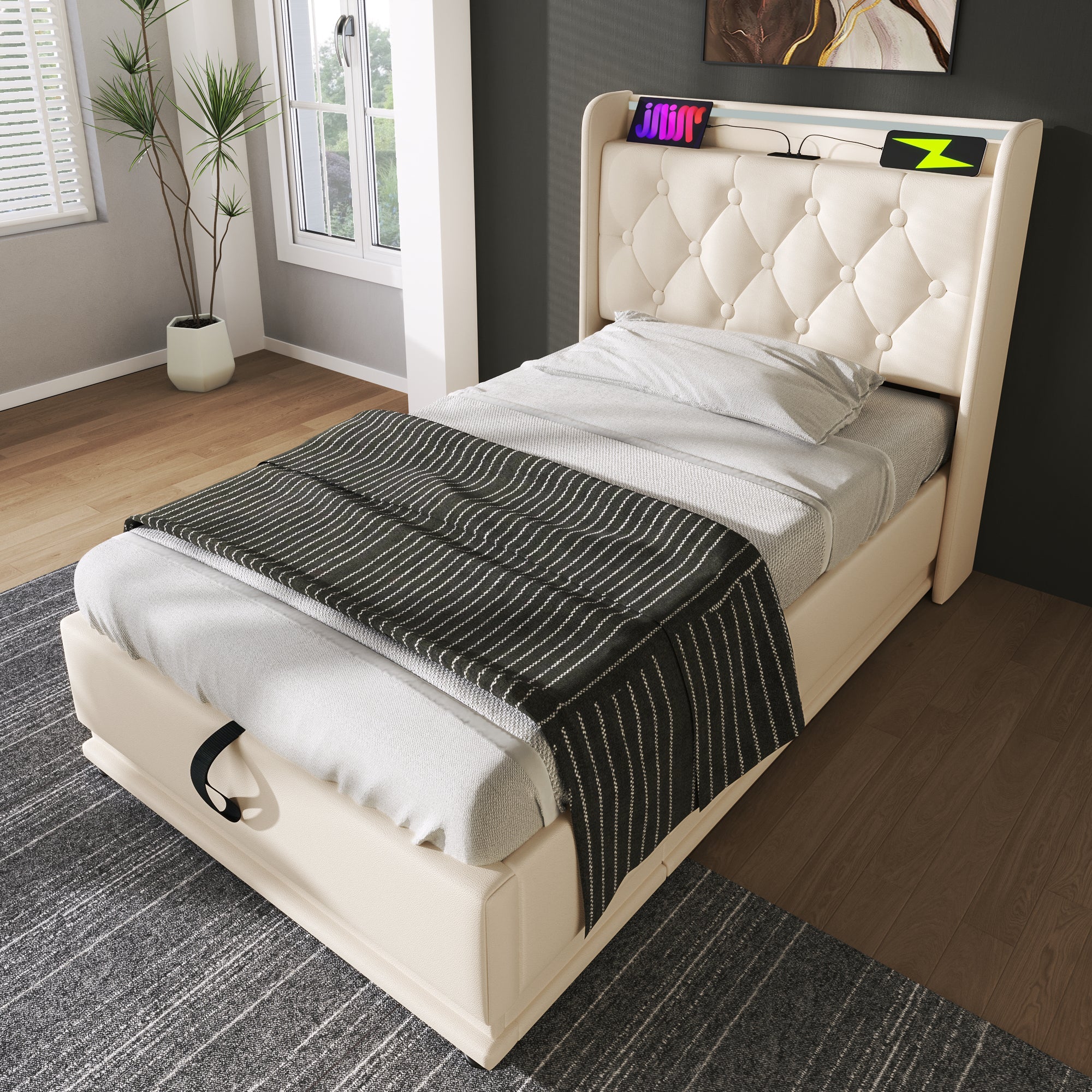 Logidon gestoffeerd bed eenpersoons 90x200 cm wit PU 360 SurroundLED USB C oplaadfunctie