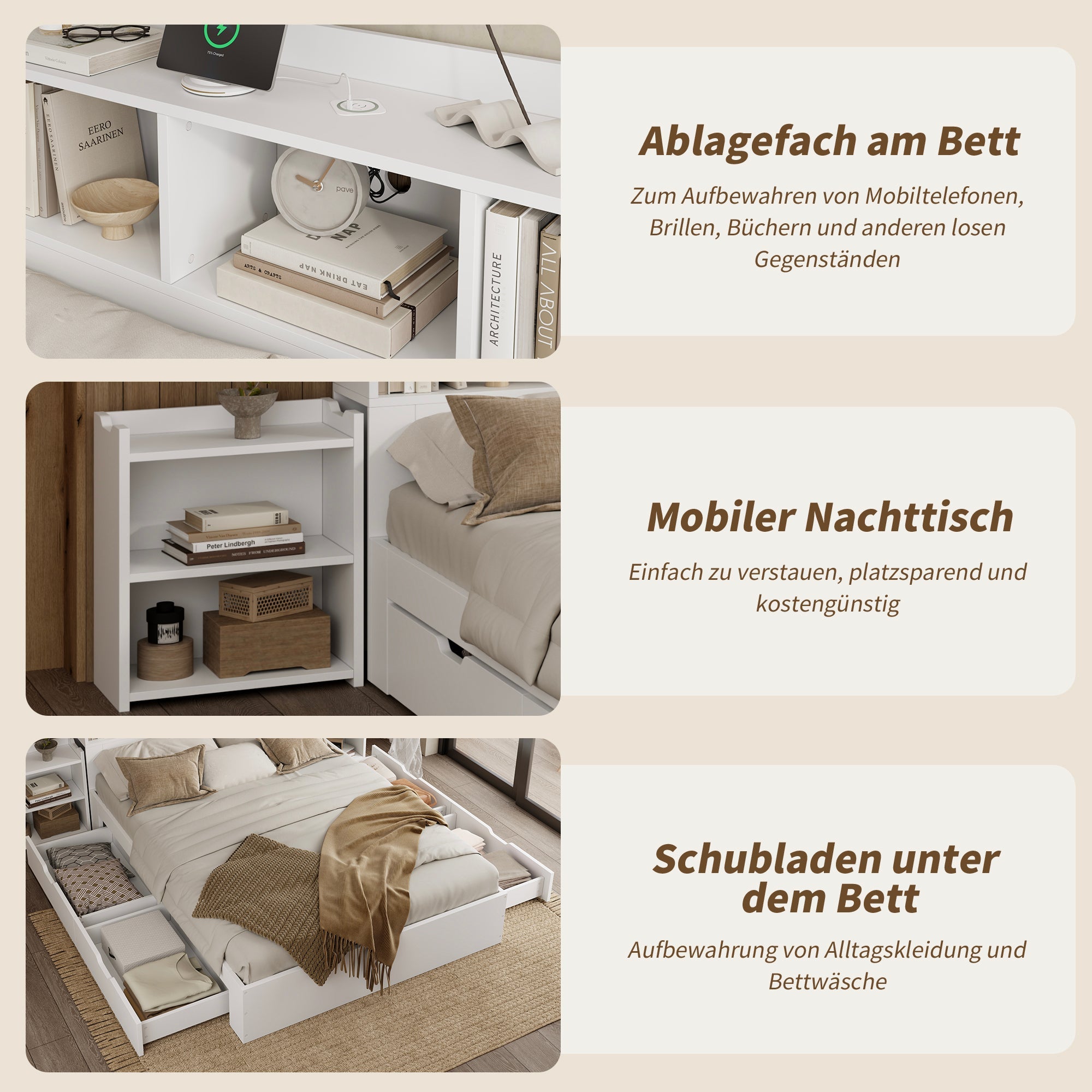 Logidon tweepersoonsbed 140x200 wit met lattenbodem uitschuifbare nachtkastjes