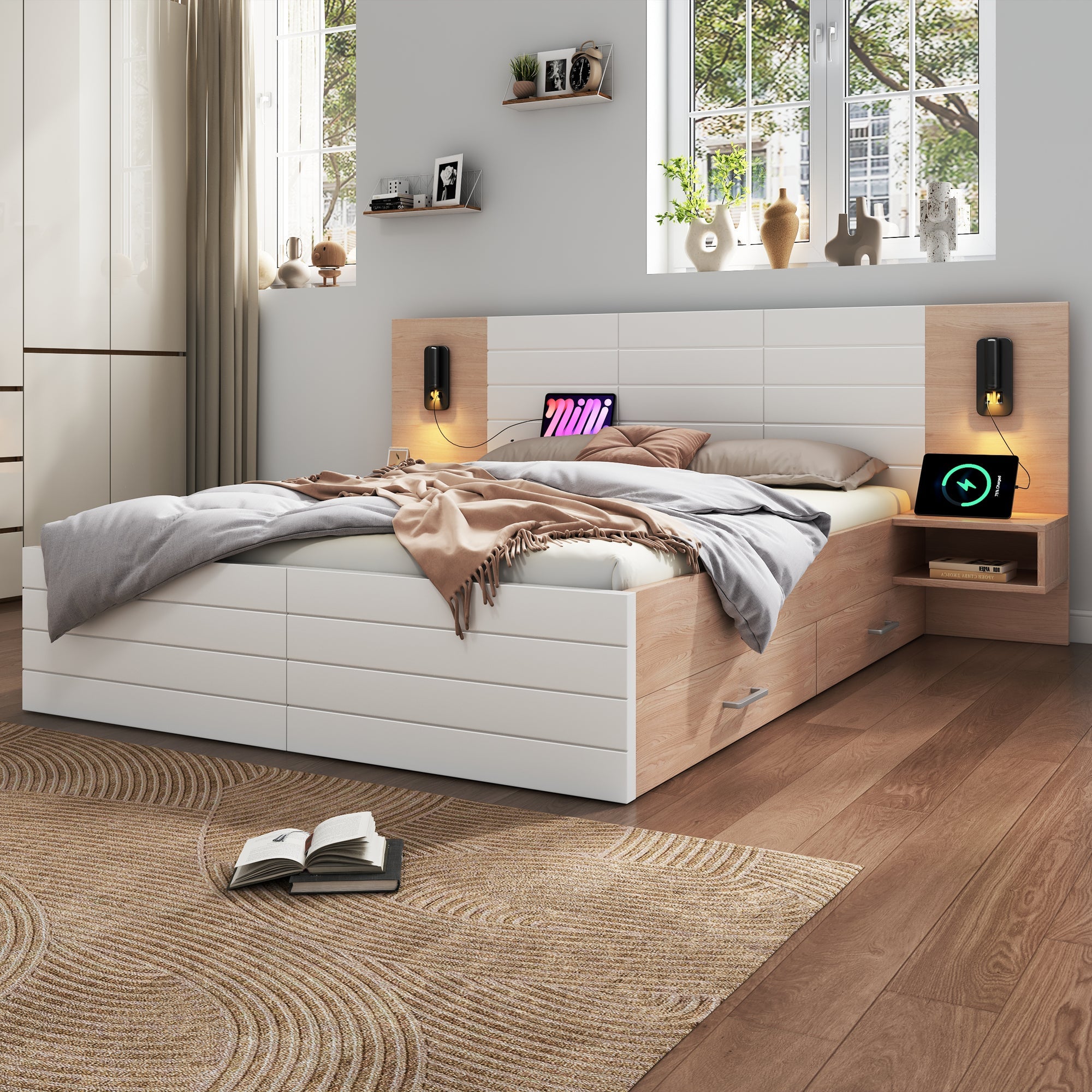 Logidon tweepersoonsbed 160x200 cm in wit eikenhout met 2 laden
