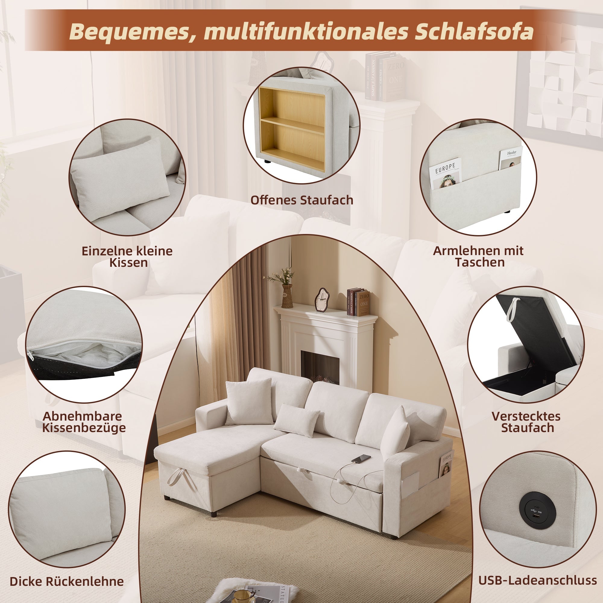 Logidon corner sofa bed L-shape extendable beige with bed box shelf