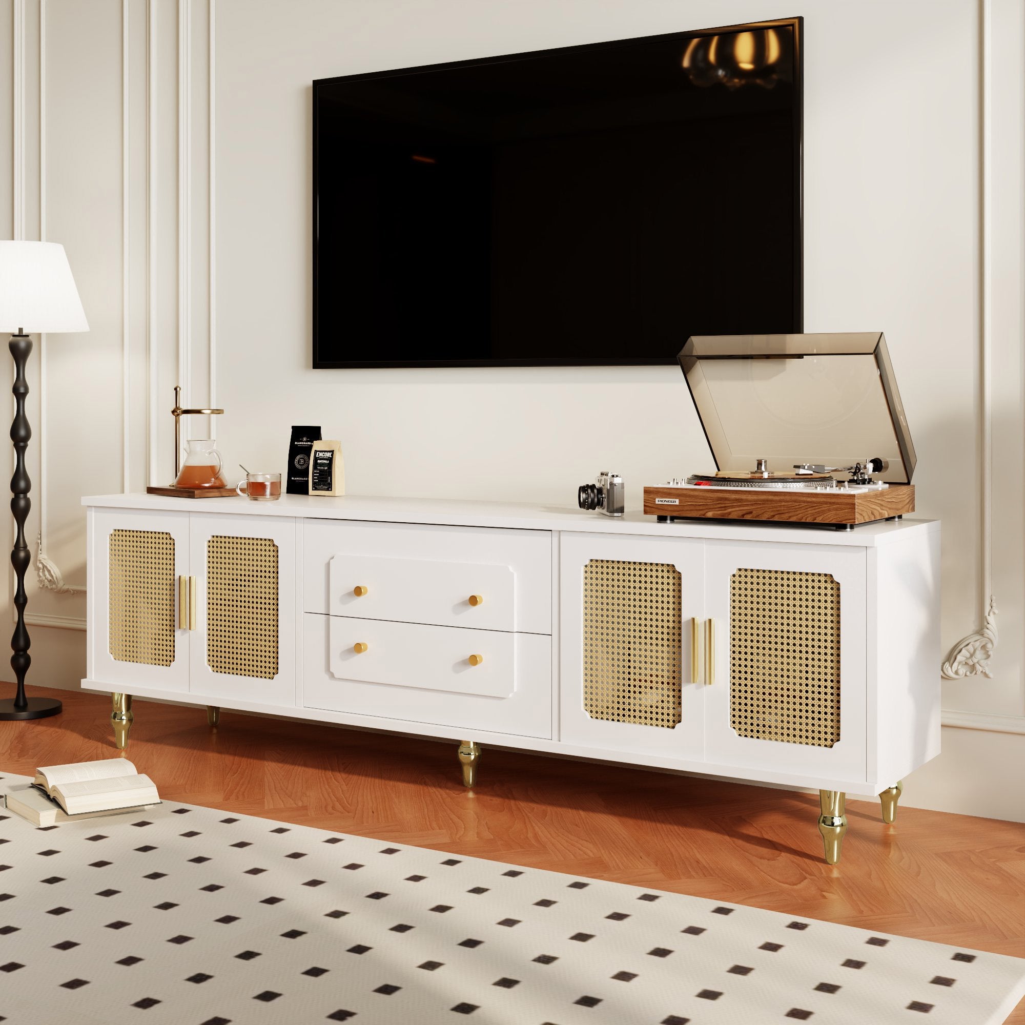 Logidon Lowboard White Retro Style TV Furniture with Golden Handles
