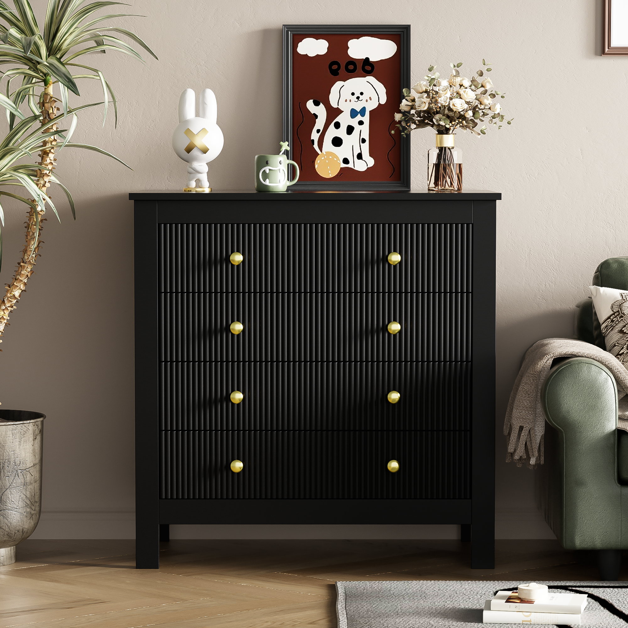 Logidon Dressoir 5 Laden Zwarte Ladekast Met Gouden Handgrepen 79 cm