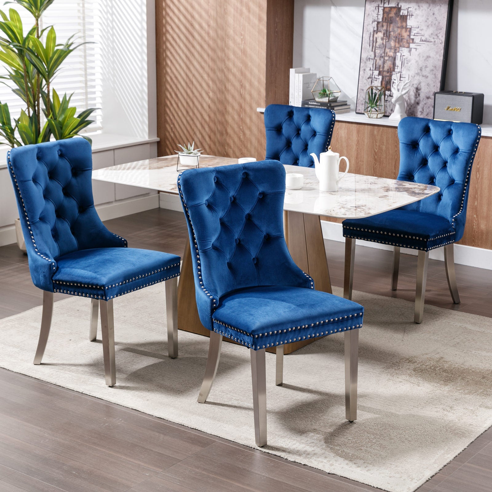 Logidon Nikki Eetstoel Blauw Fluweel Spijkerkop Chroom Voetenset 2