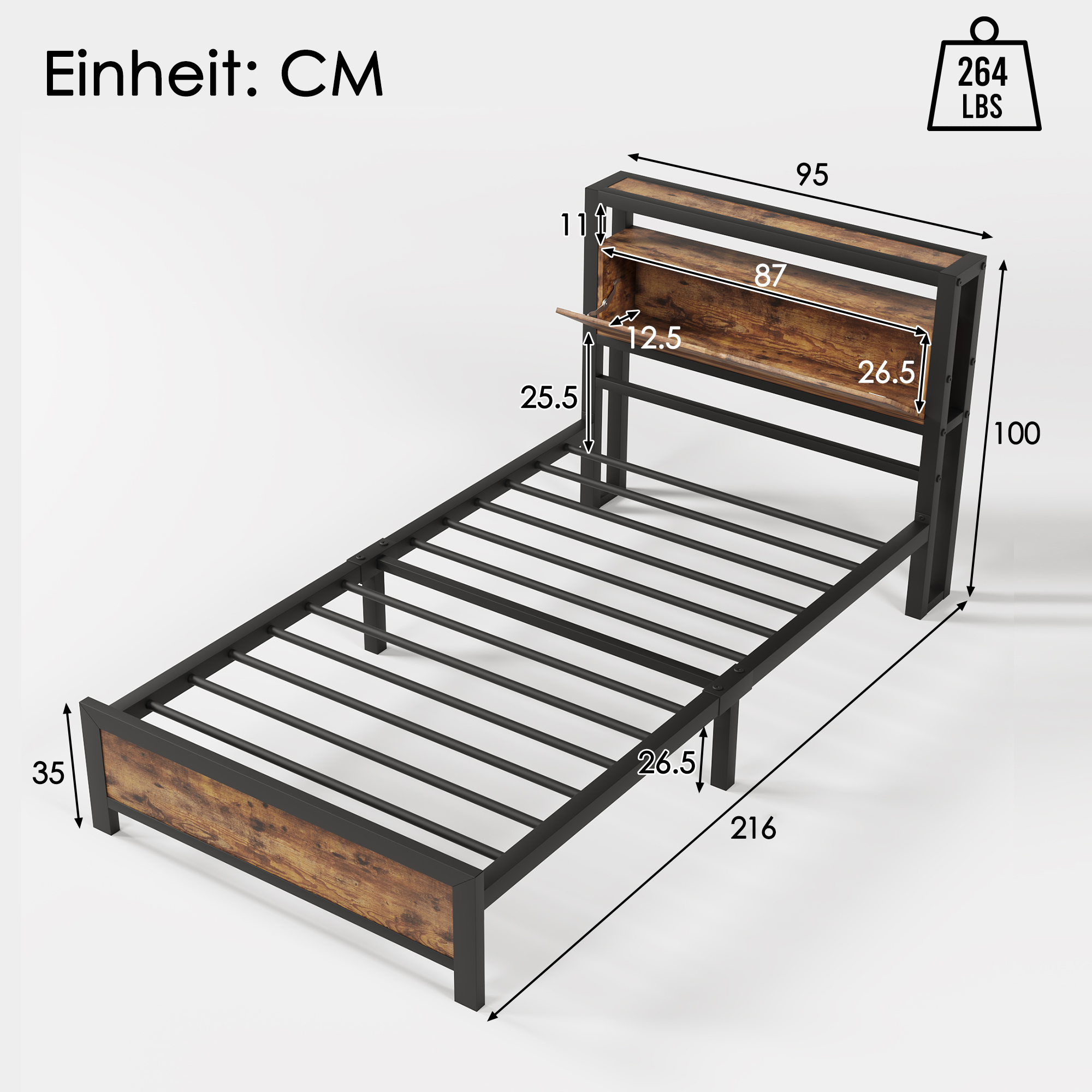 Logidon metalen bed 90x200 bruin met opbergruimte hoofdbord industrieel design