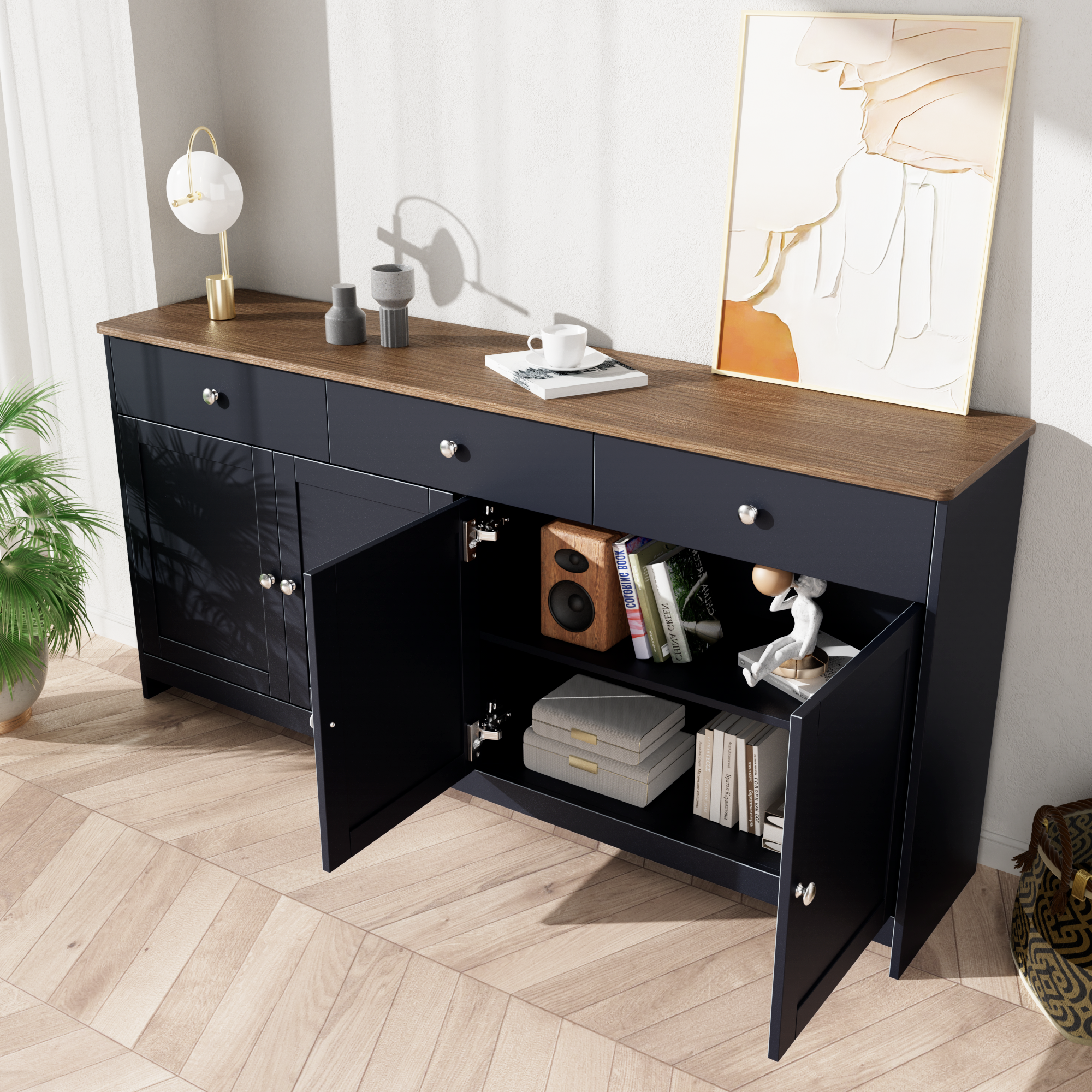 Logidon Dressoir Grijs Zwart Met Houtnerf 4 Deurs Drie Laden