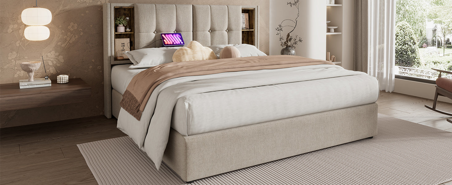 Logidon tweepersoonsbed 180x200 natuurlijk linnen draadloos opladen USB-C opslagruimte